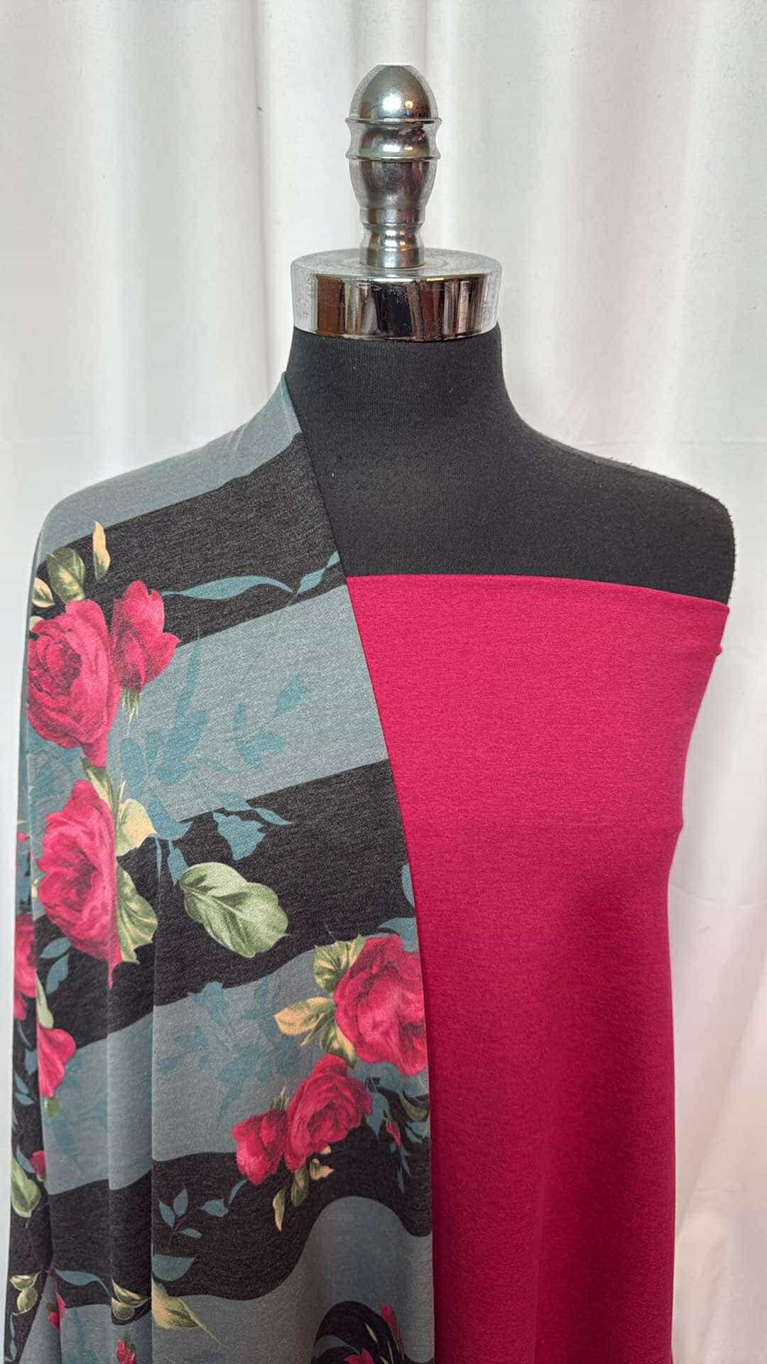 1 Yard Magenta Peached Polyester Fabric & 2 Yards Floral Stripe Polyester Fabric Bundle - Perfect for DIY Dresses, Curtains, and Home Decor Projects - A26899