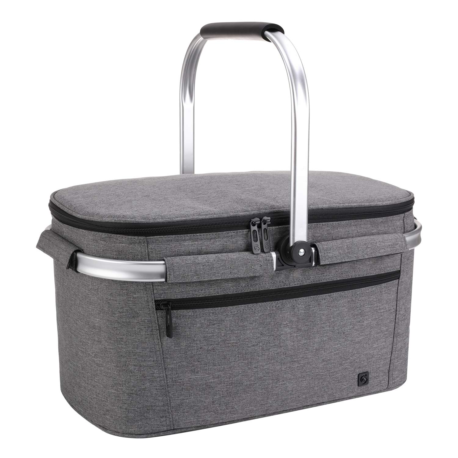 ALLCAMP Large 32L Insulated Picnic Basket with Aluminum Frame - Foldable Grocery Shopping Bag for Outdoor, Camping, Beach & Picnics (Gray)