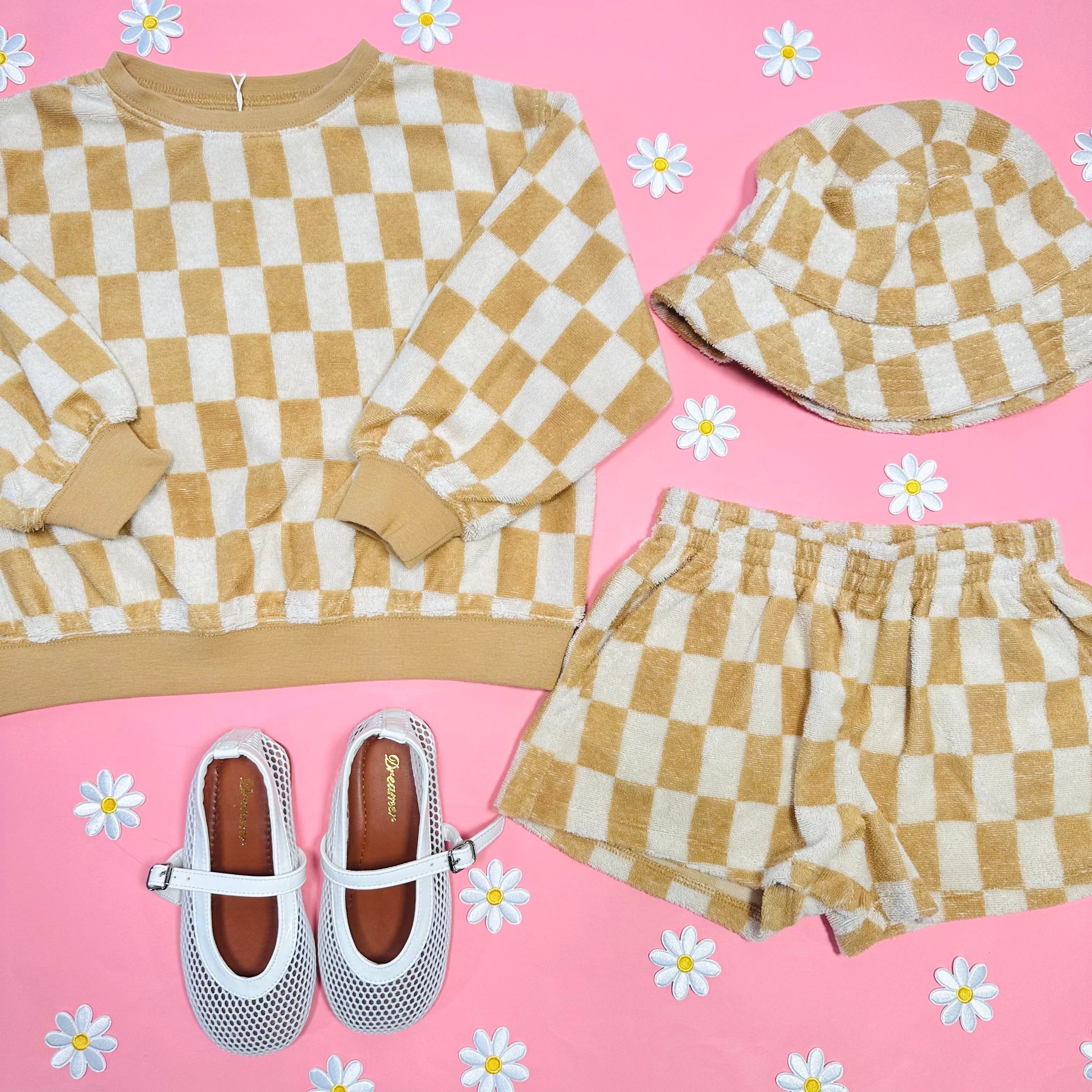 Marigold Check Summer Sweatshirt and Shorts Set - Casual Outfit for Women | Perfect for Beach, Vacation & Summer Outings