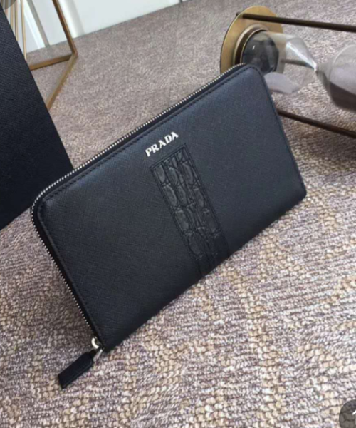 Prada Saffiano Leather Wallet with Crocodile Insert - Luxury Black Men's Bifold Wallet for Business & Everyday Use