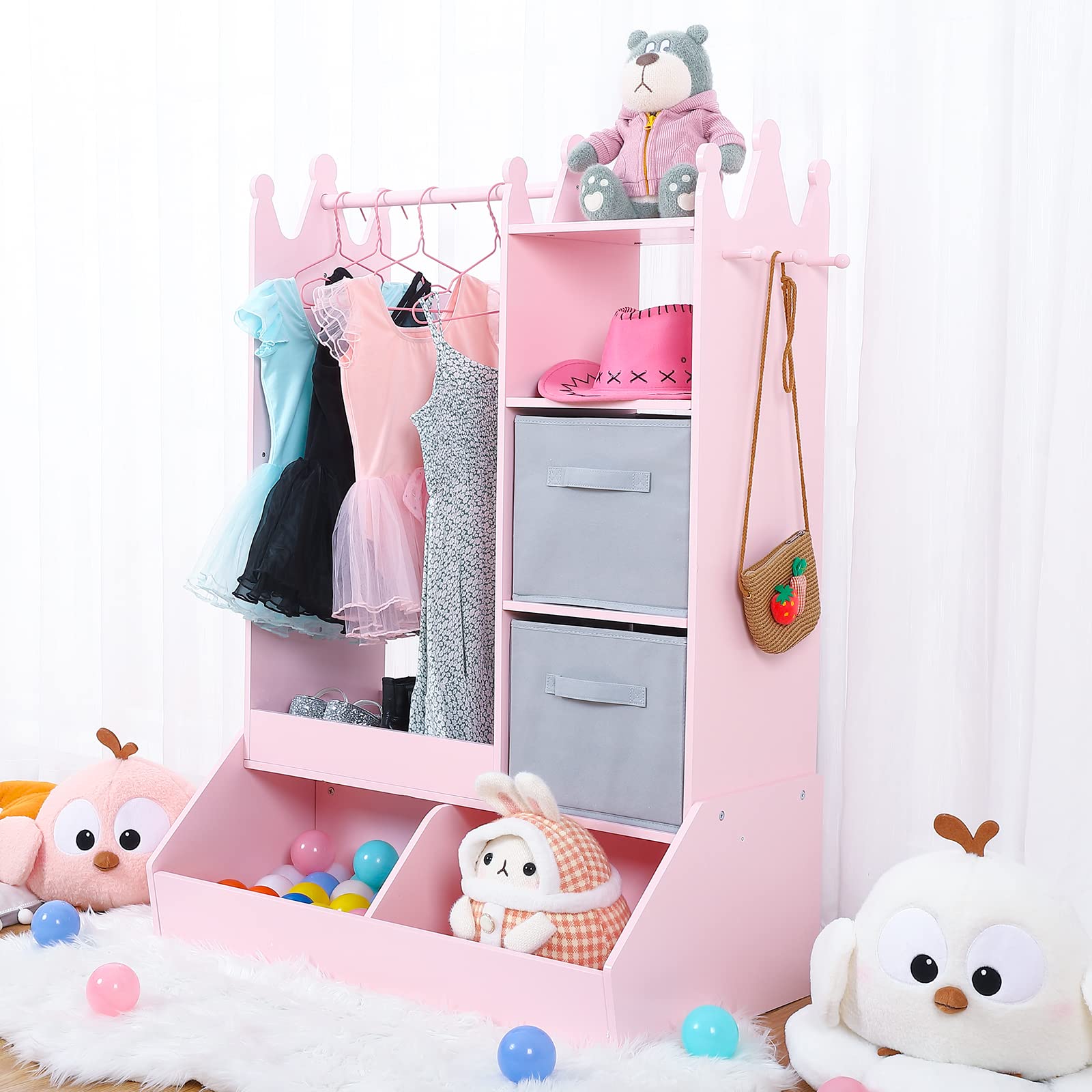 Bophy Girls' Dress Up Storage Organizer with LED Light & Mirror - Kids Clothing Rack with Storage Bin, Open Hanging Armoire Closet for Bedroom (Pink) - Perfect for Organizing Dresses, Costumes & Accessories in Kids Room or Play Area
