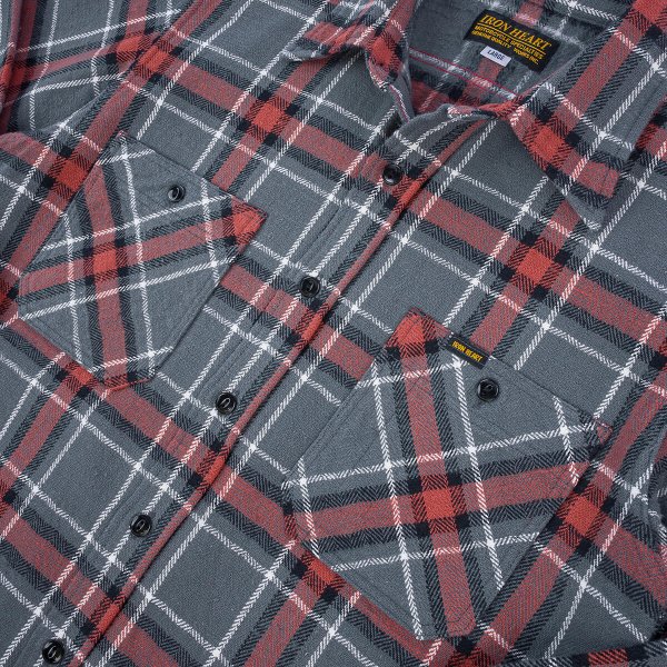 Iron Heart IHSH-375 Heavyweight 12oz Slub Flannel Shirt - Gray Herringbone Check for Men | Durable Workwear & Outdoor Activities