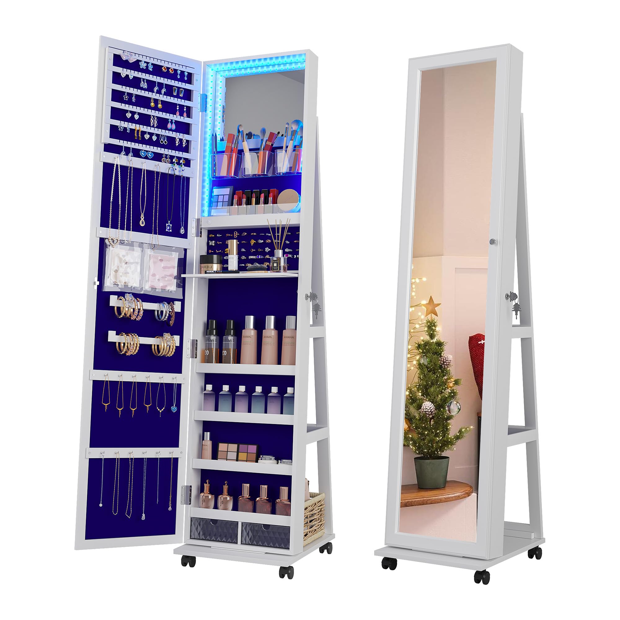 360° Rotating Jewelry Armoire with LED Lights & Lockable Cabinet - Full Length Mirror with Jewelry Storage - Large Jewelry Organizer with Wheels & Foldable Makeup Shelf (White) - Perfect for Bedroom, Dressing Room & Closet Organization