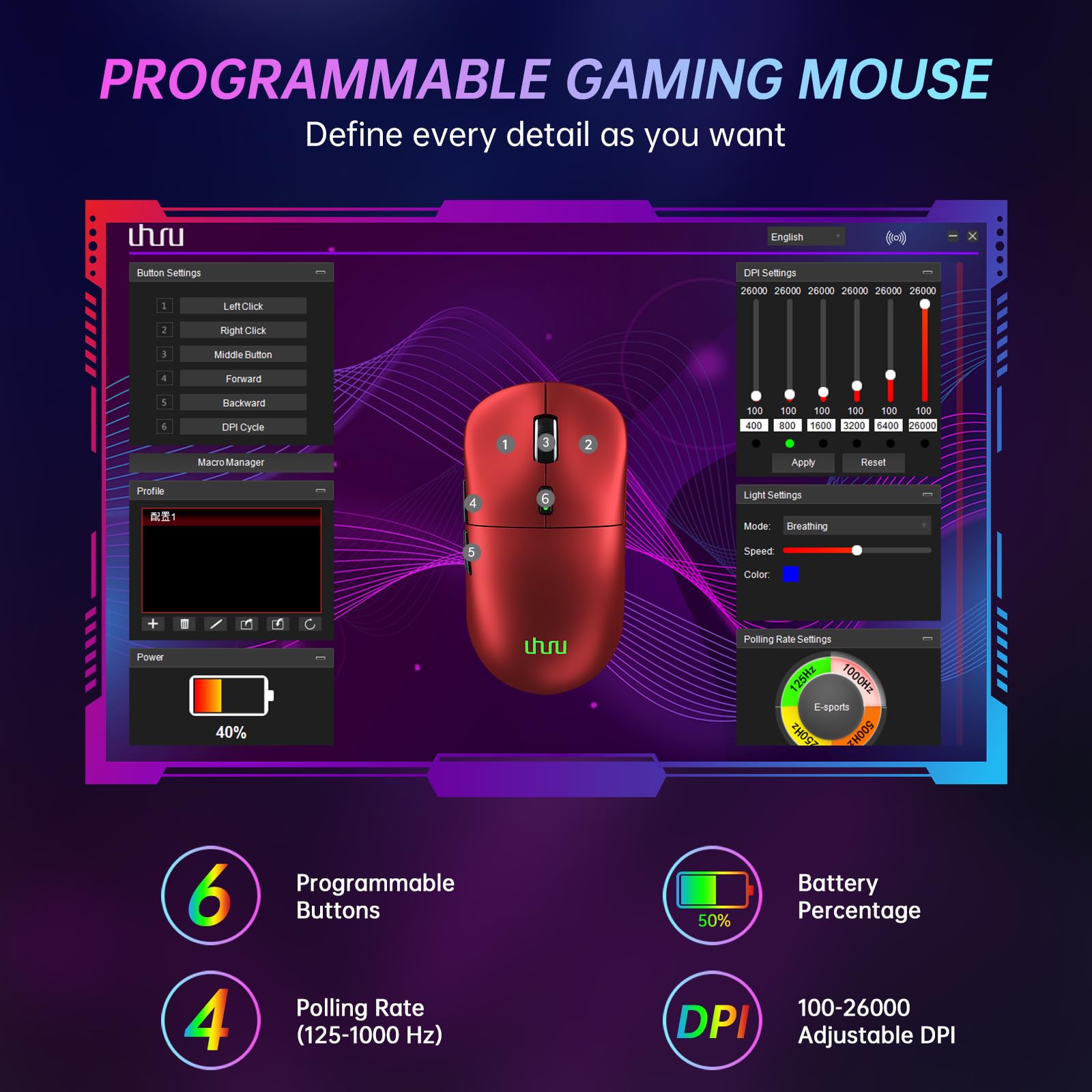 UHURU Wireless Gaming Mouse - 68g Ultra Lightweight RGB Mouse with 26,000 DPI & 6 Programmable Buttons - 70H Rechargeable Battery for PC/Mac (Red, WM-09) - Perfect for FPS, MOBA & Esports Gaming