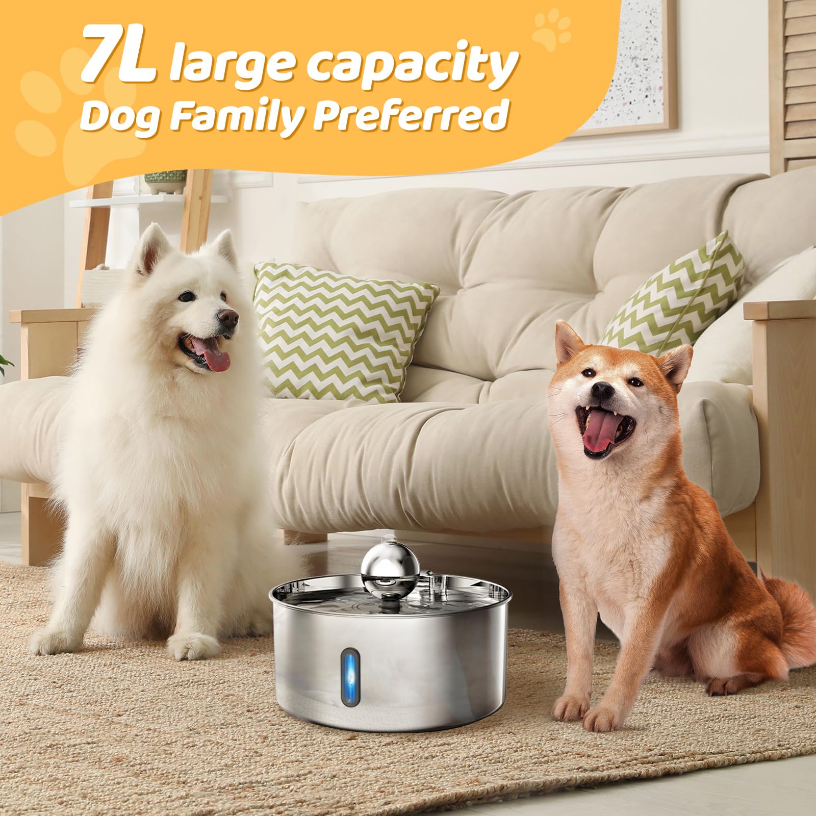 7L/237oz/1.8G Stainless Steel Automatic Dog Water Fountain with Quiet Pump & Multi-Filtration System - Large Pet Water Dispenser Bowl for Dogs & Cats (Silver) - Perfect for Home, Office, and Outdoor Use