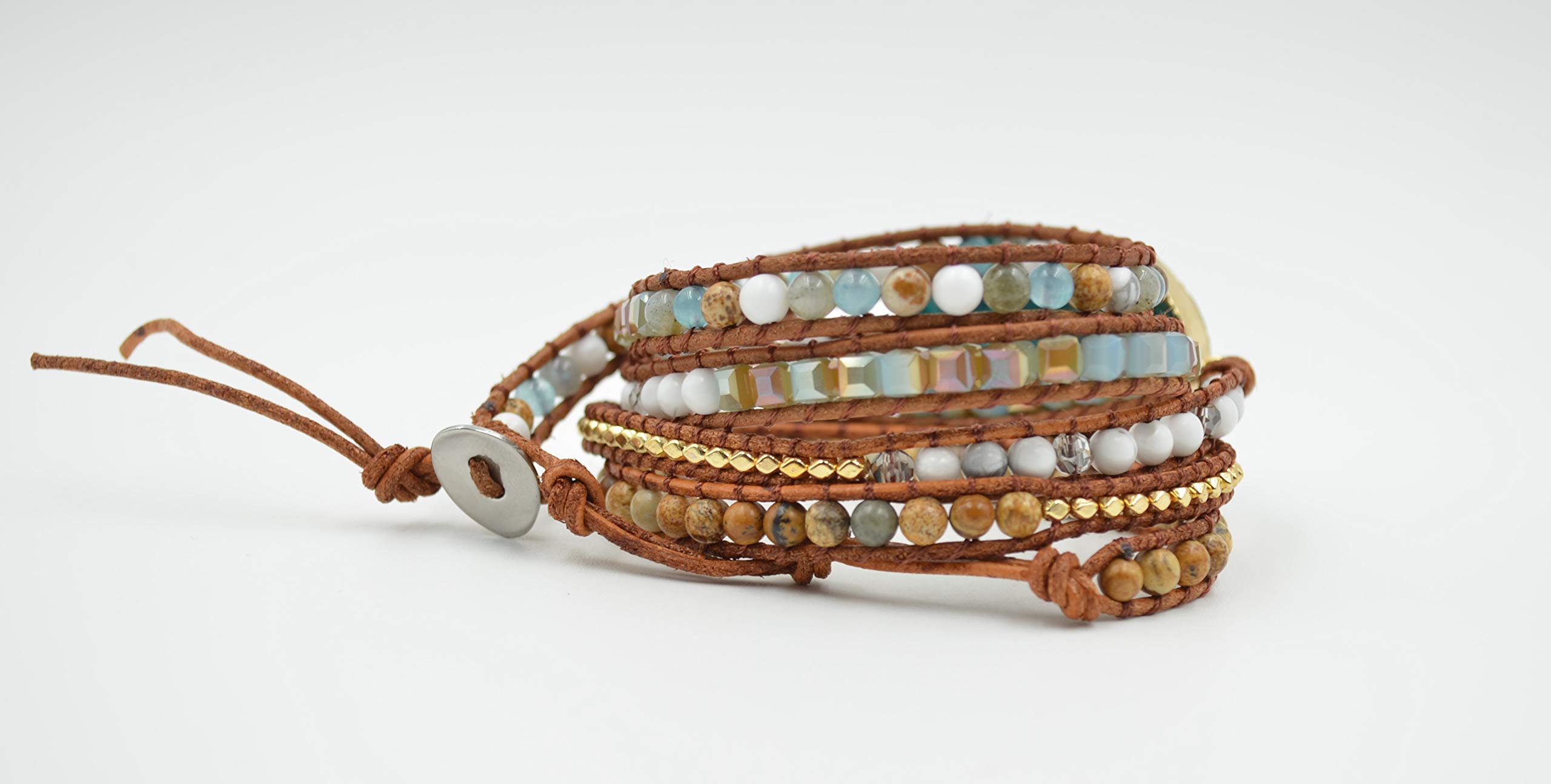 5 Wrap Gold Plated Beaded Leather Bracelet for Women - Natural Turquoise & Ocean Jasper Stone Fashion Jewelry | Perfect Gift for Birthday, Anniversary & Everyday Wear