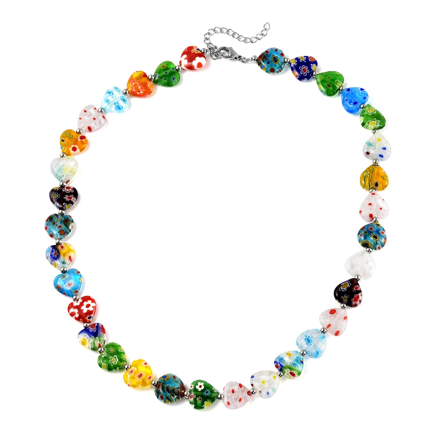 SHOP LC Multi-Color Glass Heart Stainless Steel Beaded Necklace for Women - 18