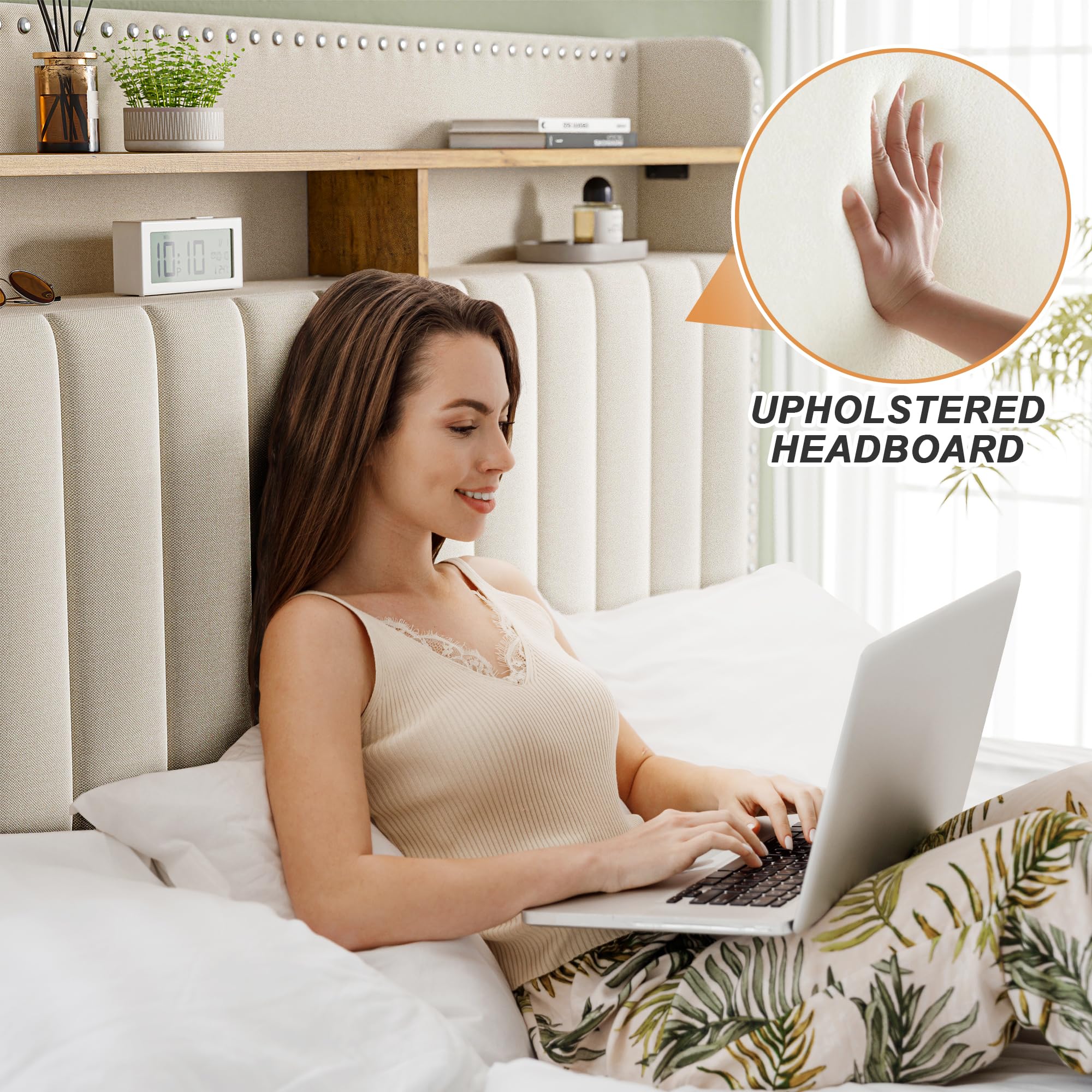 EnHomee Upholstered Queen Bed Frame with Headboard & Storage - 2 Drawers, No Noise, No Box Spring Needed - Perfect for Small Bedrooms, Guest Rooms & Modern Apartments