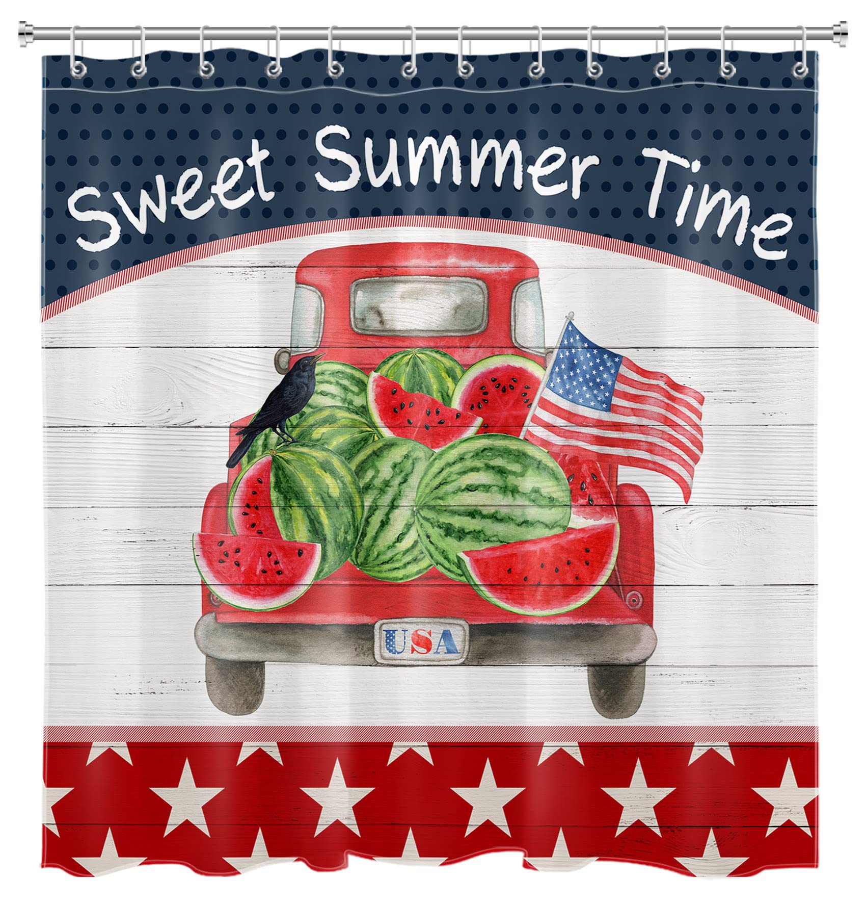 American Flag Independence Shower Curtain - Watermelon Rustic Red Truck Design Bathroom Decor, 72x72 Inch Fabric Shower Curtain with Hooks - Perfect for 4th of July, Summer Bathroom Themes & Patriotic Home Decor