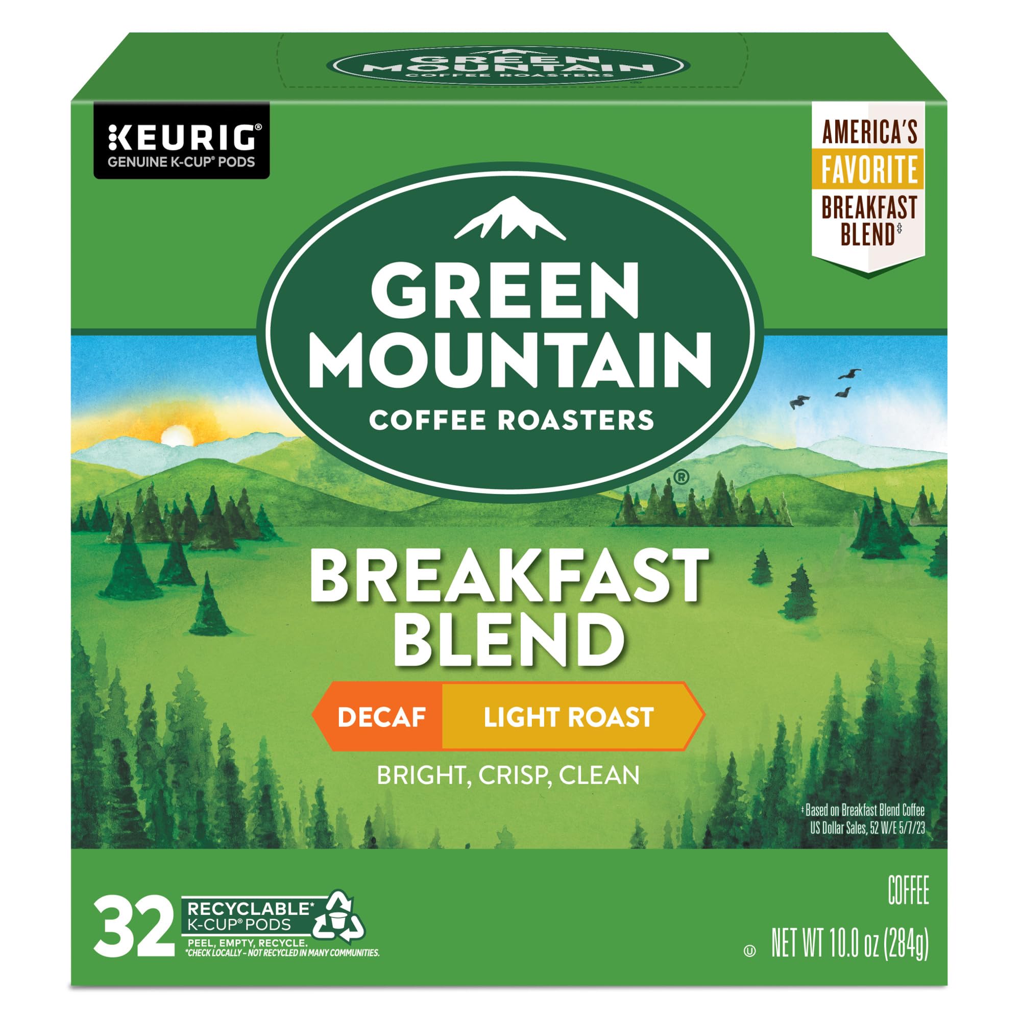 Green Mountain Coffee Roasters Decaf Breakfast Blend K-Cup Pods - Light Roast Single-Serve Coffee for Keurig Brewers (32 Count) | Perfect for Morning Routines & Office Coffee Breaks