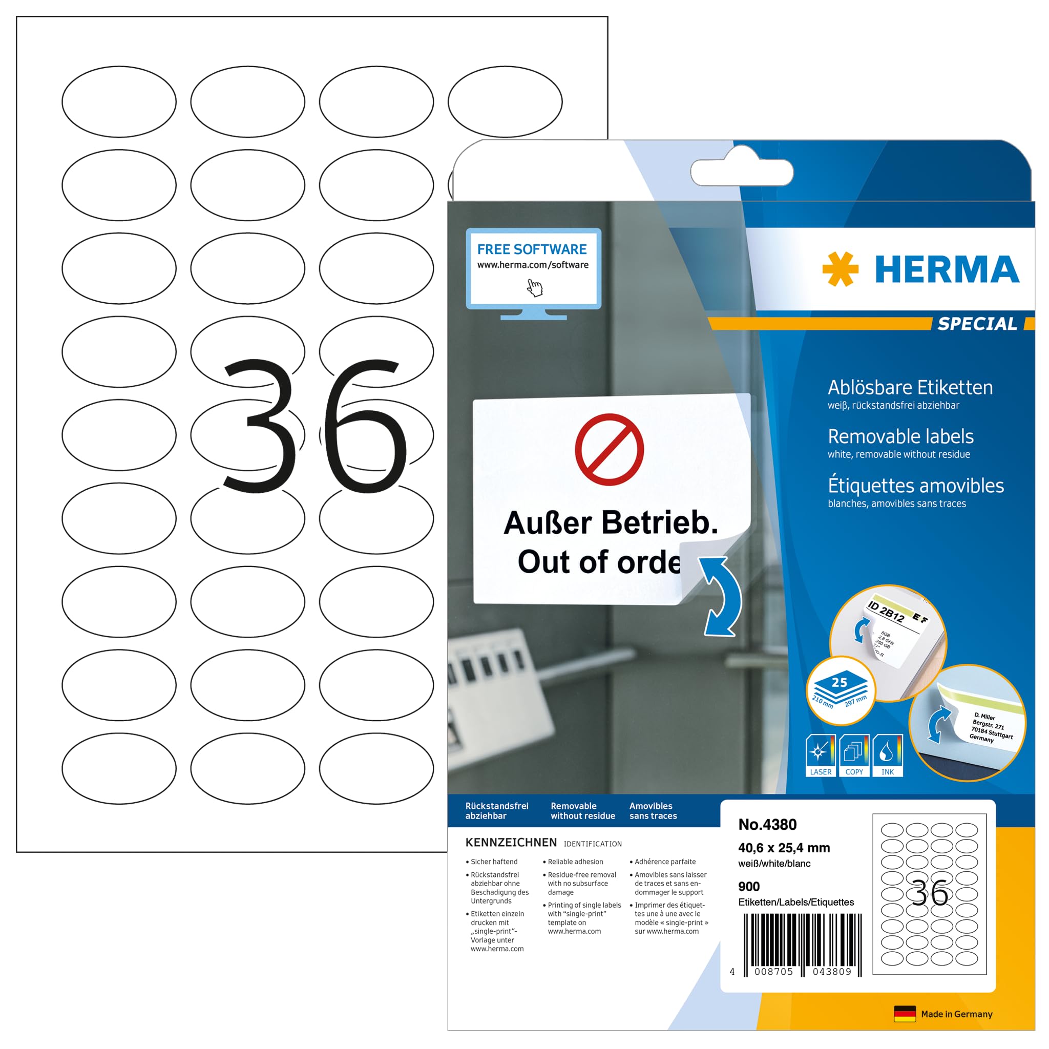 HERMA 4380 Removable Oval Labels - 900 Self-Adhesive Blank Stickers (40.6x25.4mm), 36 Labels per A4 Sheet, 25 Sheets - Compatible with Laser & Inkjet Printers - Perfect for Organizing, Mailing, Filing & Craft Projects - White Multipurpose Labels