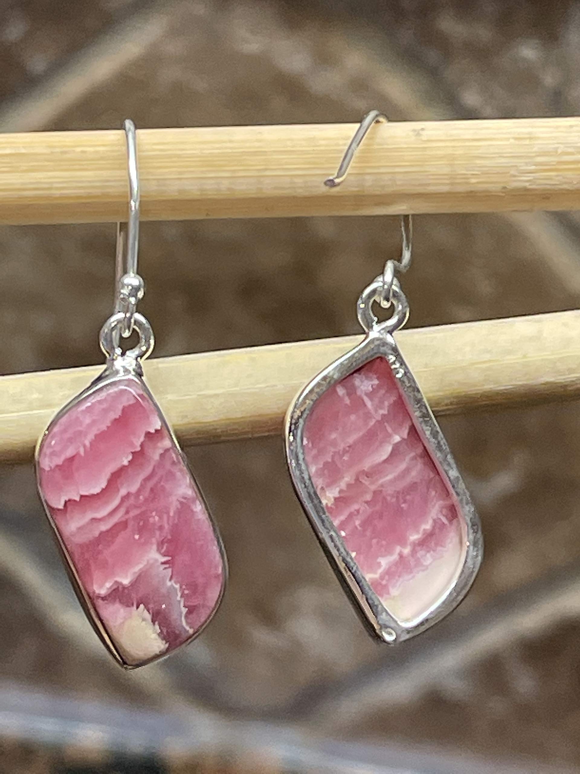 Natural Pink Rhodochrosite 925 Sterling Silver Earrings - 35mm Dangle Earrings for Women, Handmade Gemstone Jewelry Gift for Her - Perfect for Weddings, Parties & Special Occasions