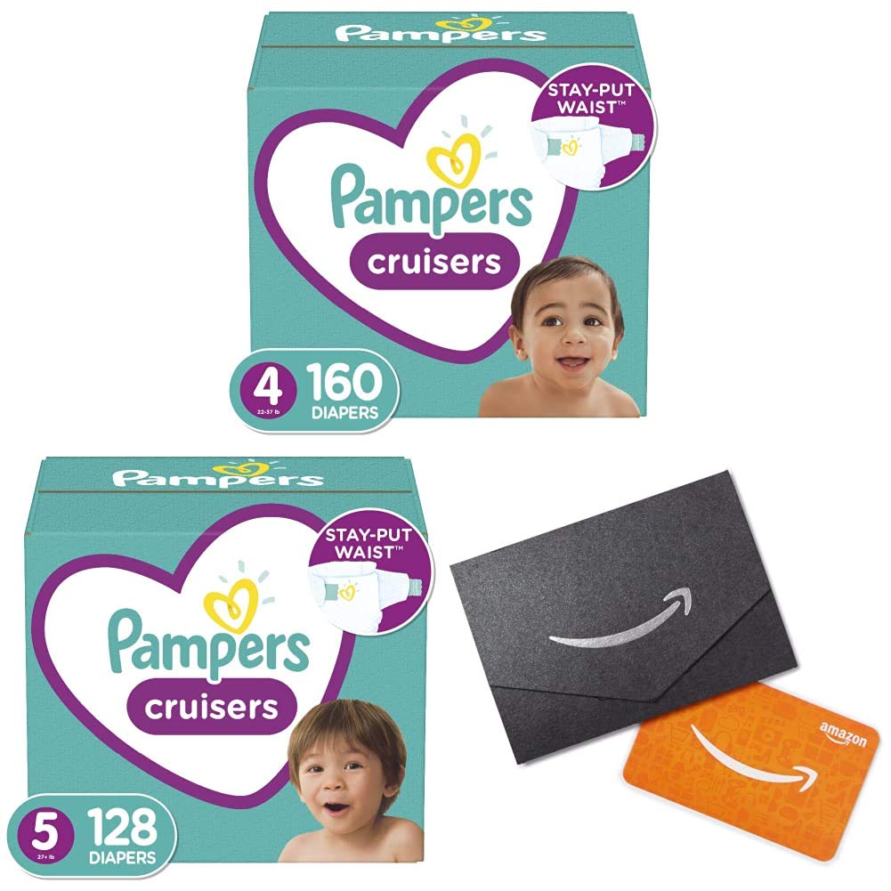Pampers Cruisers Disposable Baby Diapers - Size 4 (160 Count) & Size 5 (128 Count) with Free Amazon Gift Card | Super Absorbent, Leak Protection | Perfect for Overnight Use, Daycare & Travel