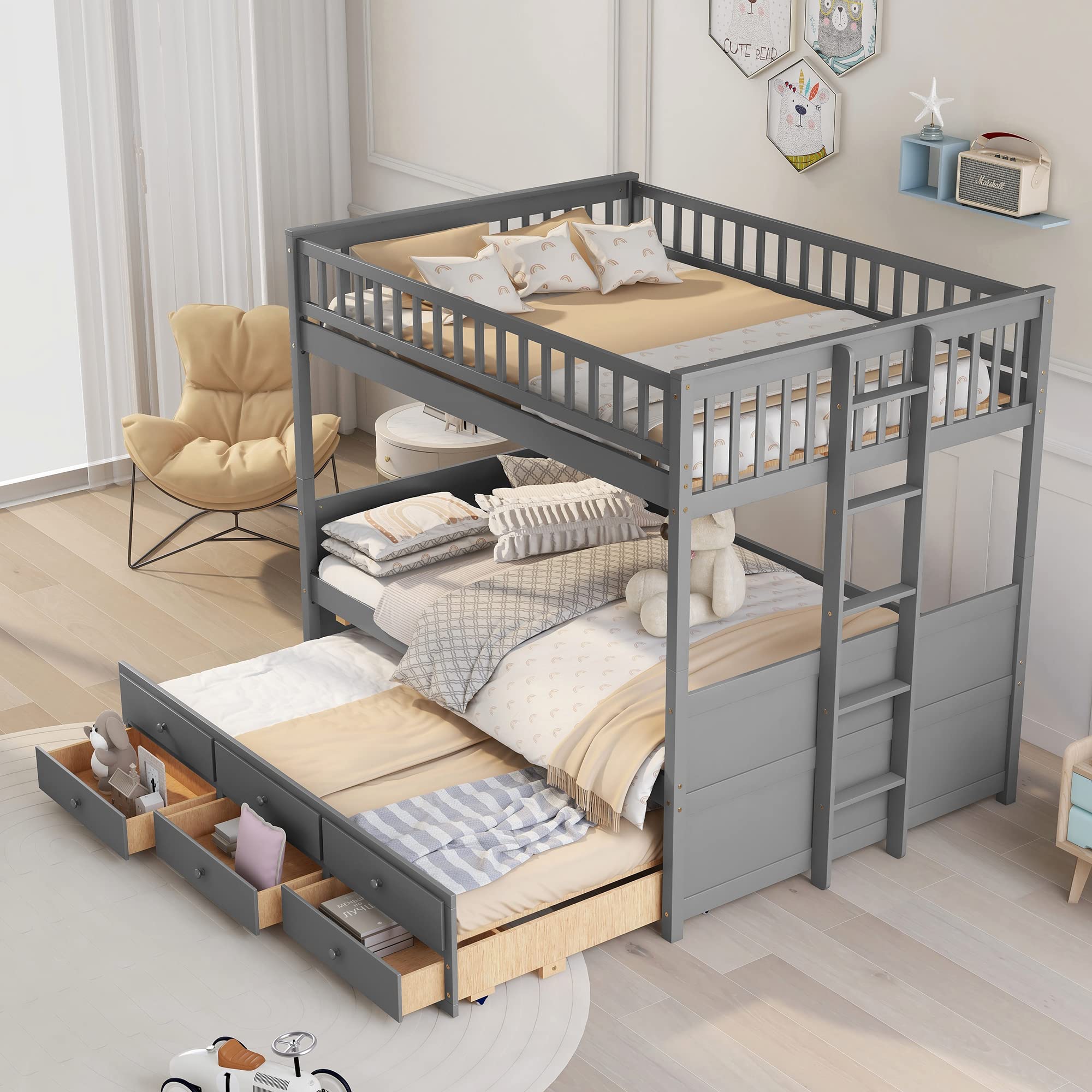 Full Over Full Bunk Beds with Trundle & 3 Storage Drawers - Detachable Wooden Bunk Bed with Ladder for Kids, Teens & Adults - Space-Saving Grey Bedroom Furniture for Small Rooms, Guest Rooms & Dormitories