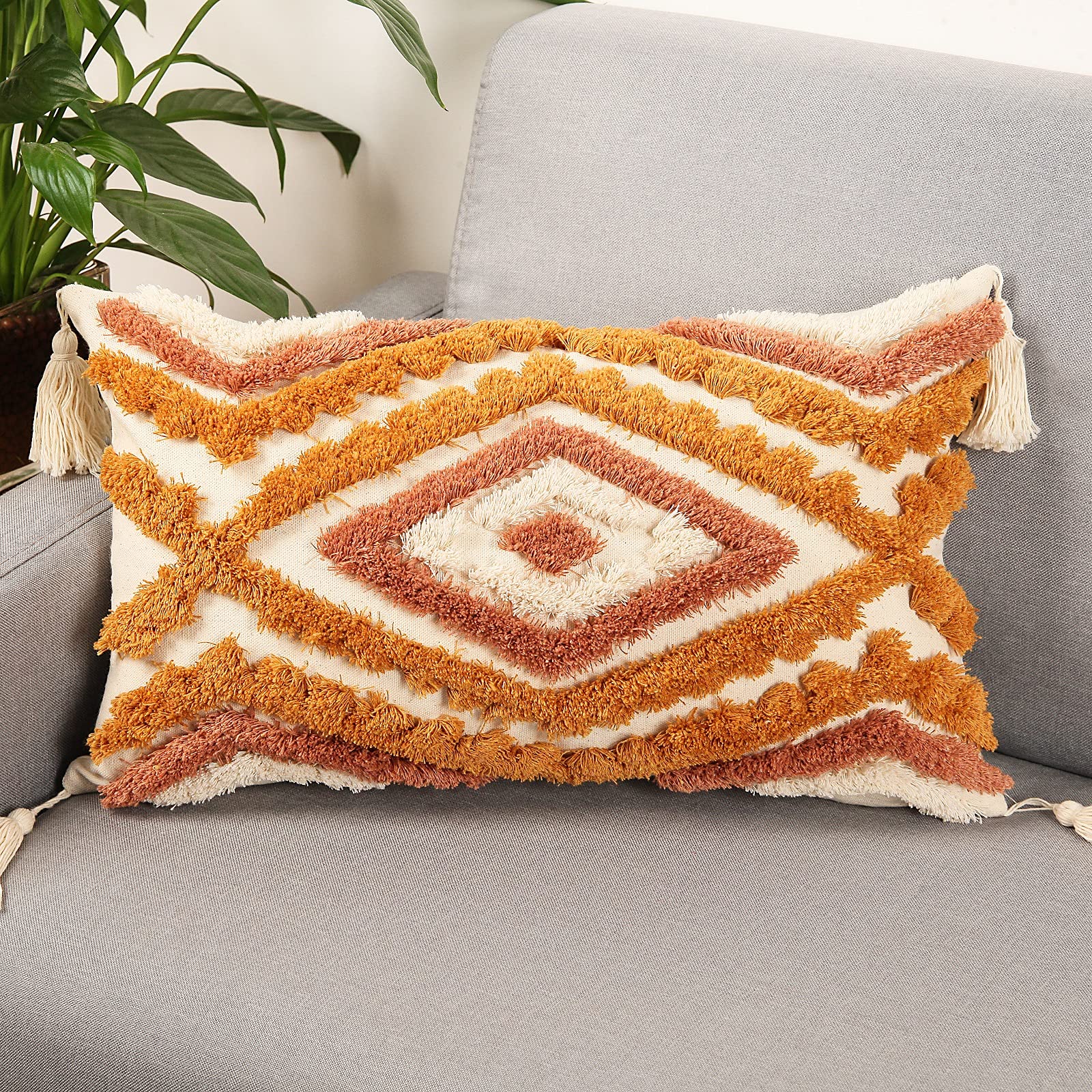 Boho Lumbar Throw Pillow Cover 12x20 Inch - Bohemian Tufted Decorative Cushion Cover with Tassels for Couch, Sofa, Bedroom & Living Room | Perfect for Home Decor, Cozy Reading Nook & Bohemian Style Interior Design