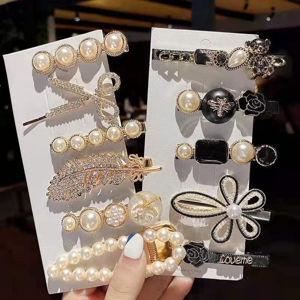 11-Piece Korean Style Pearl Barrettes Hair Clip Set for Women - Elegant Marble Alligator Bobby Pins & Duckbill Hairpins for Wedding, Party & Everyday Styling