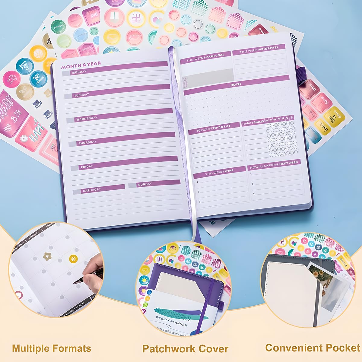 GuaziV 2024-2025 Undated Planner - A5 Daily Weekly Monthly Organizer for Work, School & Personal Tasks - Start Any Date - Includes 6 Stickers (Dark Black) - Perfect for Productivity, Time Management & Goal Setting