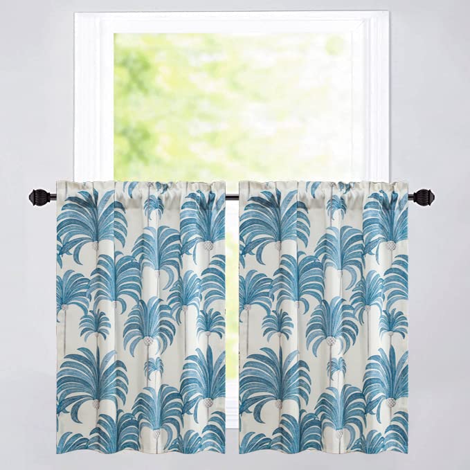 VOGOL 36 Inch Blue Kitchen Curtains Set of 2 - Tropical Palms Printed Window Drapes with Rod Pocket, 30x36 Inches, for Small Windows in Bathroom, Laundry Room & Basement - Perfect for Coastal, Beach House or Boho Home Decor