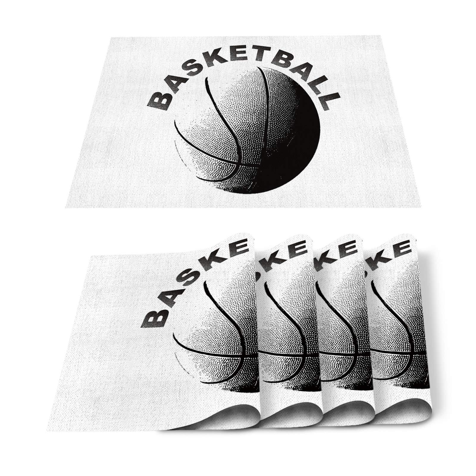 BRINGMEHOME 6-Pack Black and White Basketball Placemats - Washable Burlap & Cotton Table Mats for Kitchen Dining, Sports Theme Home Decor - Perfect for Game Nights, Holiday Gatherings & Sports-Themed Parties