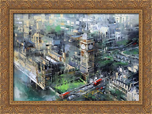 36x28 Gold Ornate Framed Canvas Art Print - London Green Big Ben Landscape Painting | Home & Office Wall Decor | Living Room, Bedroom, Study