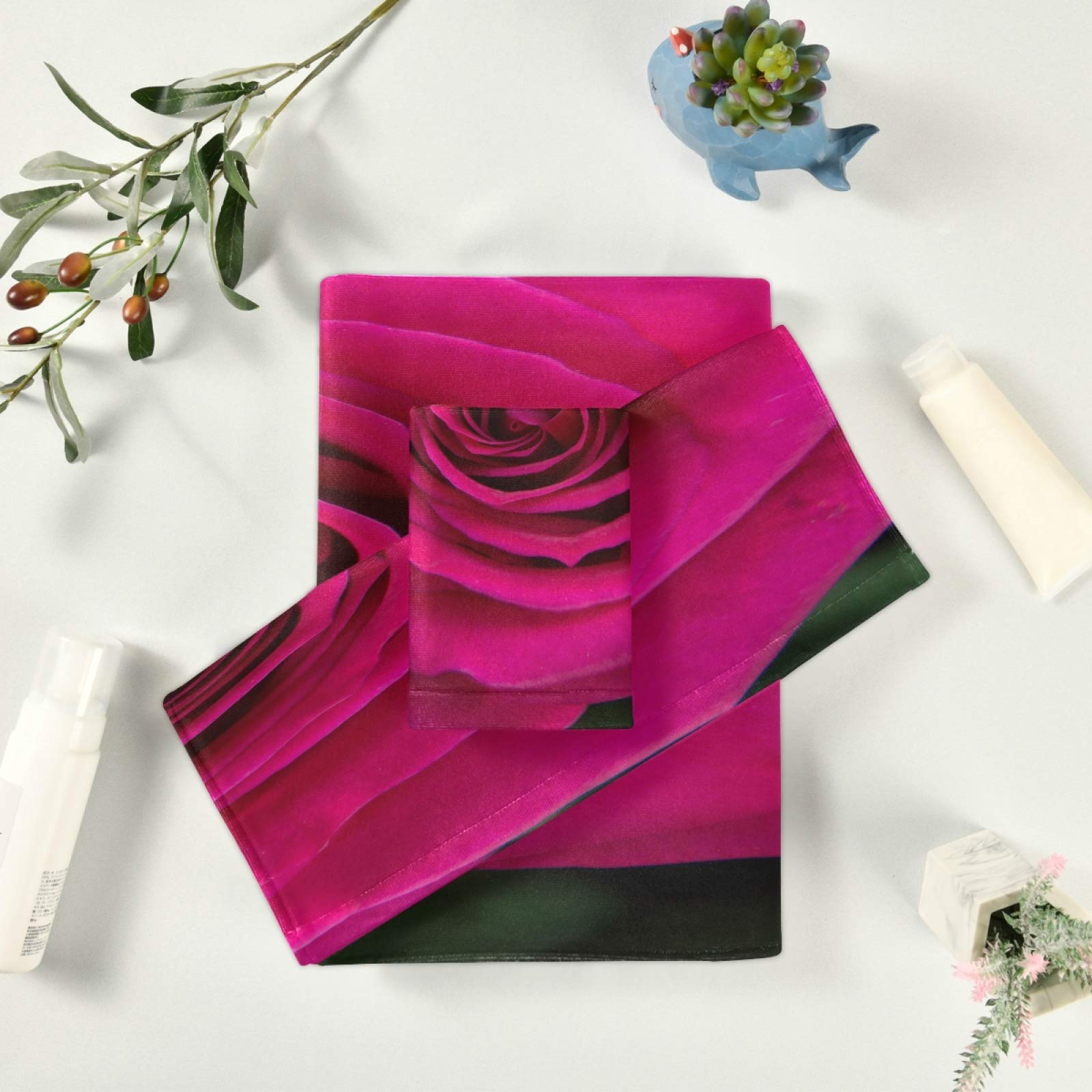 3 Piece Pink Fuchsia Rose Bath Towel Set - Ultra Soft, Heavy Weight & Highly Absorbent - Perfect for Valentine's Day Gifts, Spa Day, Bridal Shower & Luxury Bathroom Decor