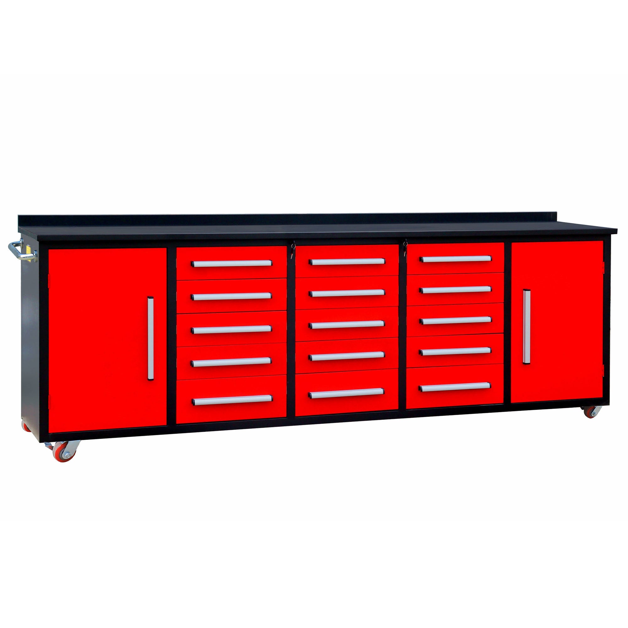 10ft Heavy Duty Storage Cabinet with Work Bench - 15 Drawers & 2 Cabinets, Red - Perfect for Garage Organization, Workshop Storage & Home Office Furniture
