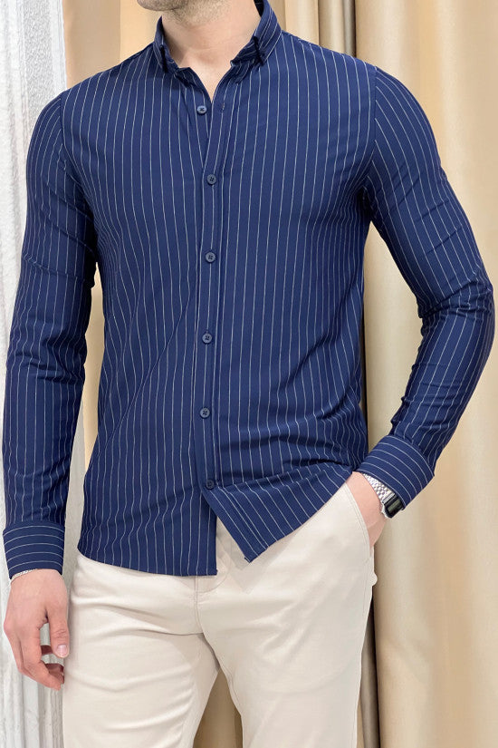 Slim Fit Striped Long Sleeve Lycra Navy Blue Shirt for Men - Comfortable Stretch Office & Casual Wear - Perfect for Business, Dating & Everyday Outfits