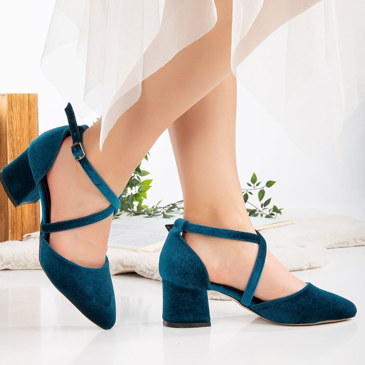 Teal Blue Velvet Block Heels for Women - Comfortable Chunky Heel Shoes for Wedding, Party & Office Wear - Stylish Dolly Pumps with Non-Slip Sole