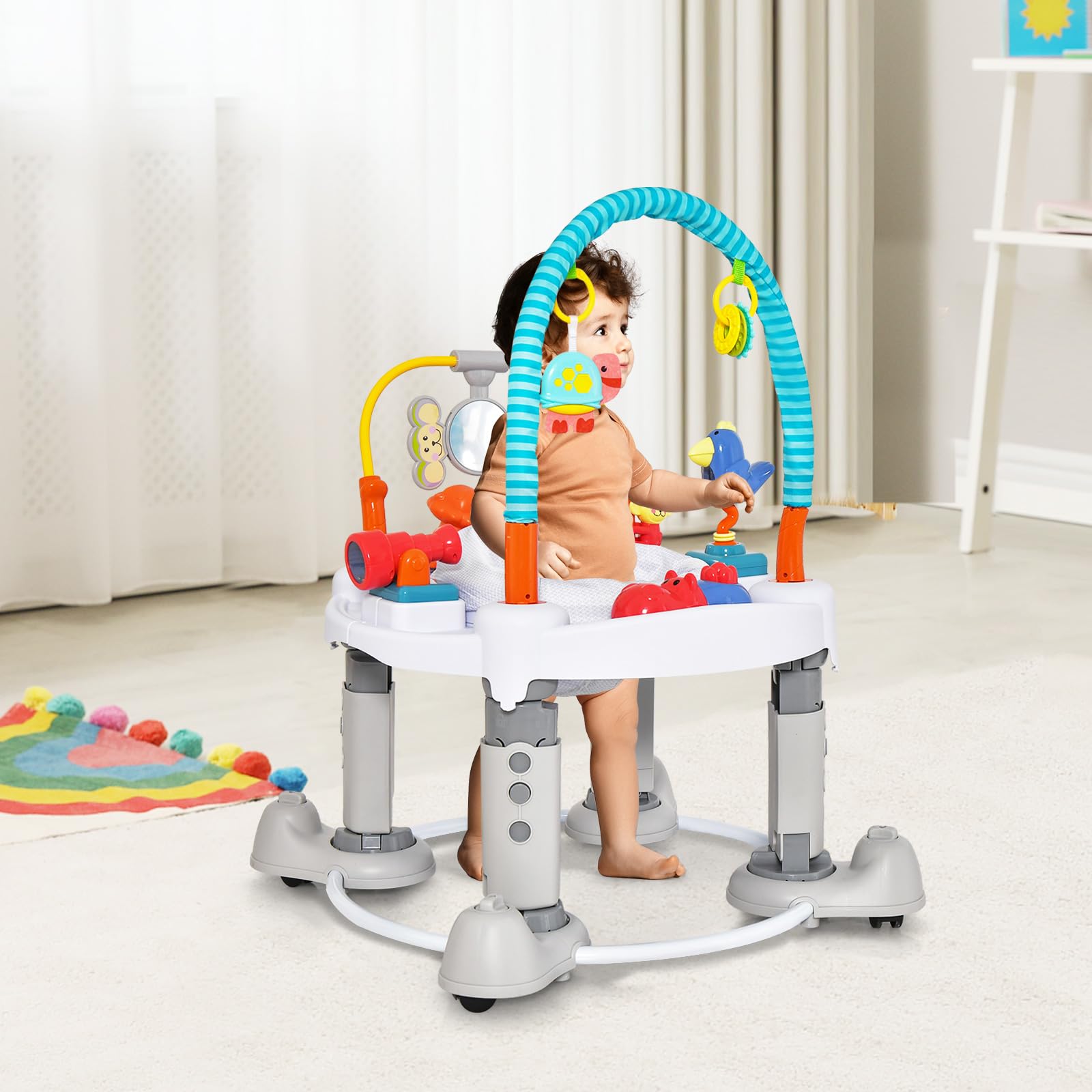 INFANS 5-in-1 Baby Bouncer Activity Center with 360° Rotating Seat - Adjustable Height Foldable Exersaucer, Learning Walker & Play Mat for Toddlers 6-24 Months - Perfect for Indoor Play, Early Development & Parent-Free Moments (Grey)