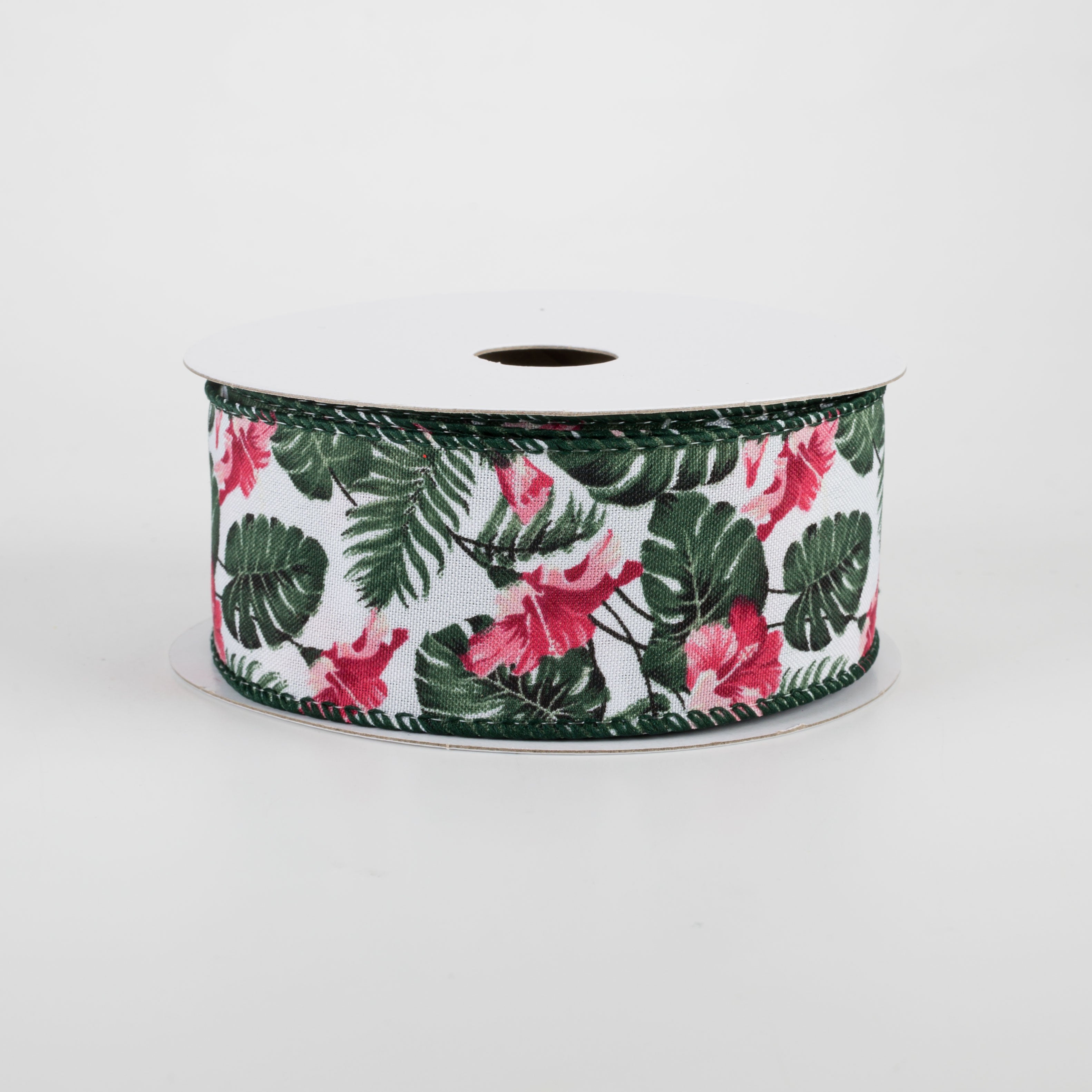 1.5 Inch Hibiscus Monstera Leaves Ribbon - White & Pink Floral Ribbon (10 Yards) for Gift Wrapping, DIY Crafts, Wedding Decorations and Party Supplies