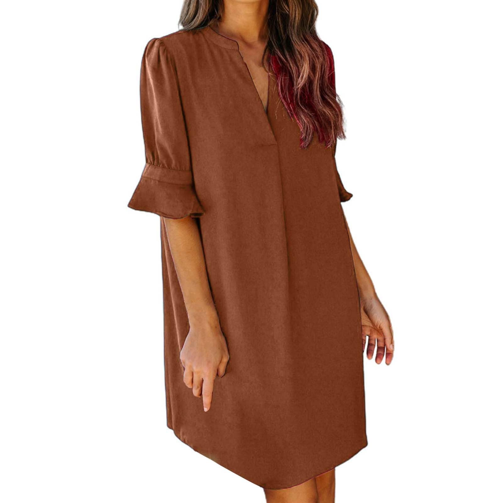 MESSIYO Women's V Neck Tunic Dress - Loose Fit Summer Casual Shirt Dress with Ruffle Sleeves, Mini Dress for Women (Brown, Large) | Perfect for Beach, Vacation, and Everyday Wear