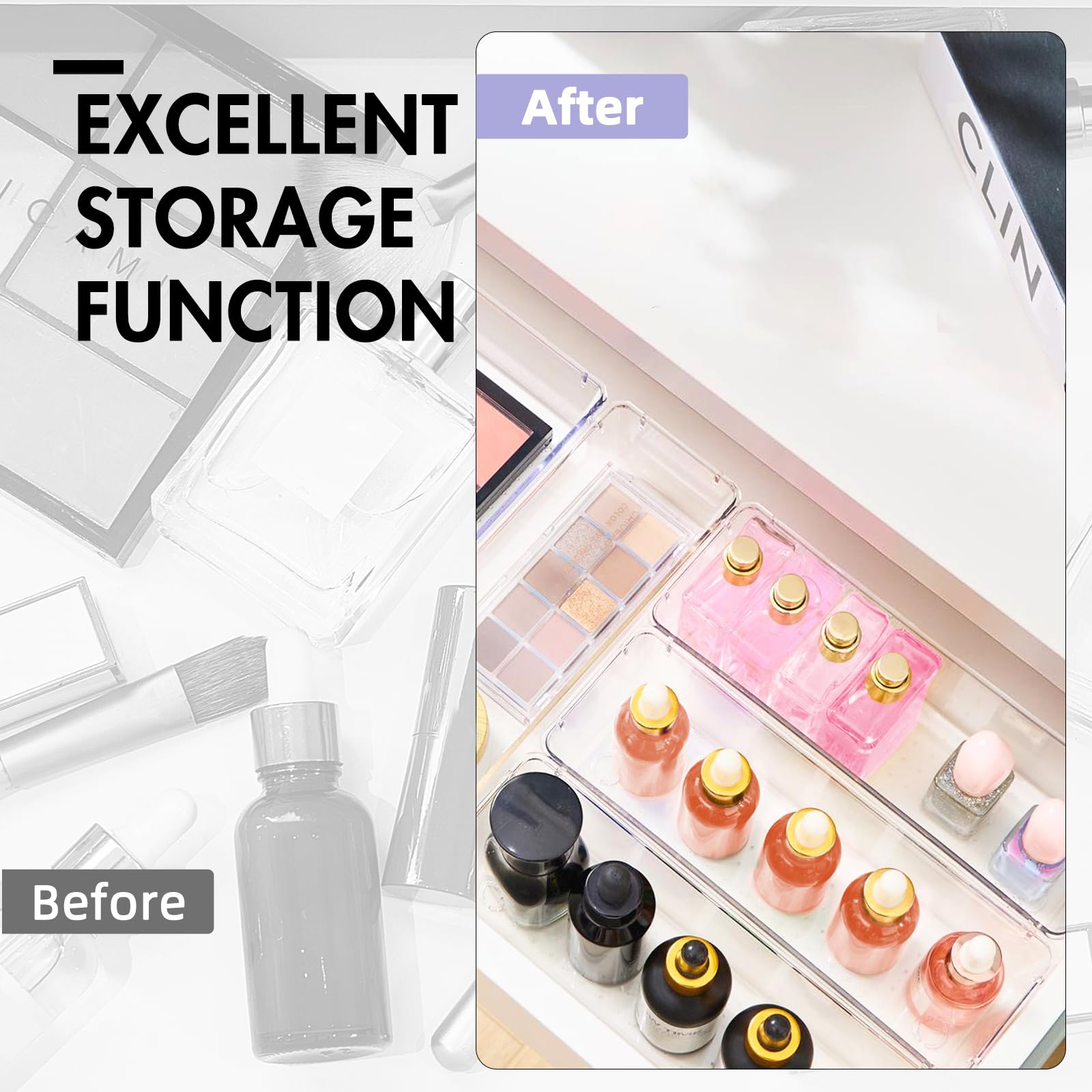 Clear Plastic Drawer Organizer Set of 4 - 9x3x2 Inch Non-Slip Vanity Storage Bins with Silicone Pads for Makeup, Office, Kitchen & Bathroom Organization - Perfect for Desk Drawers, Countertops and Vanity Storage