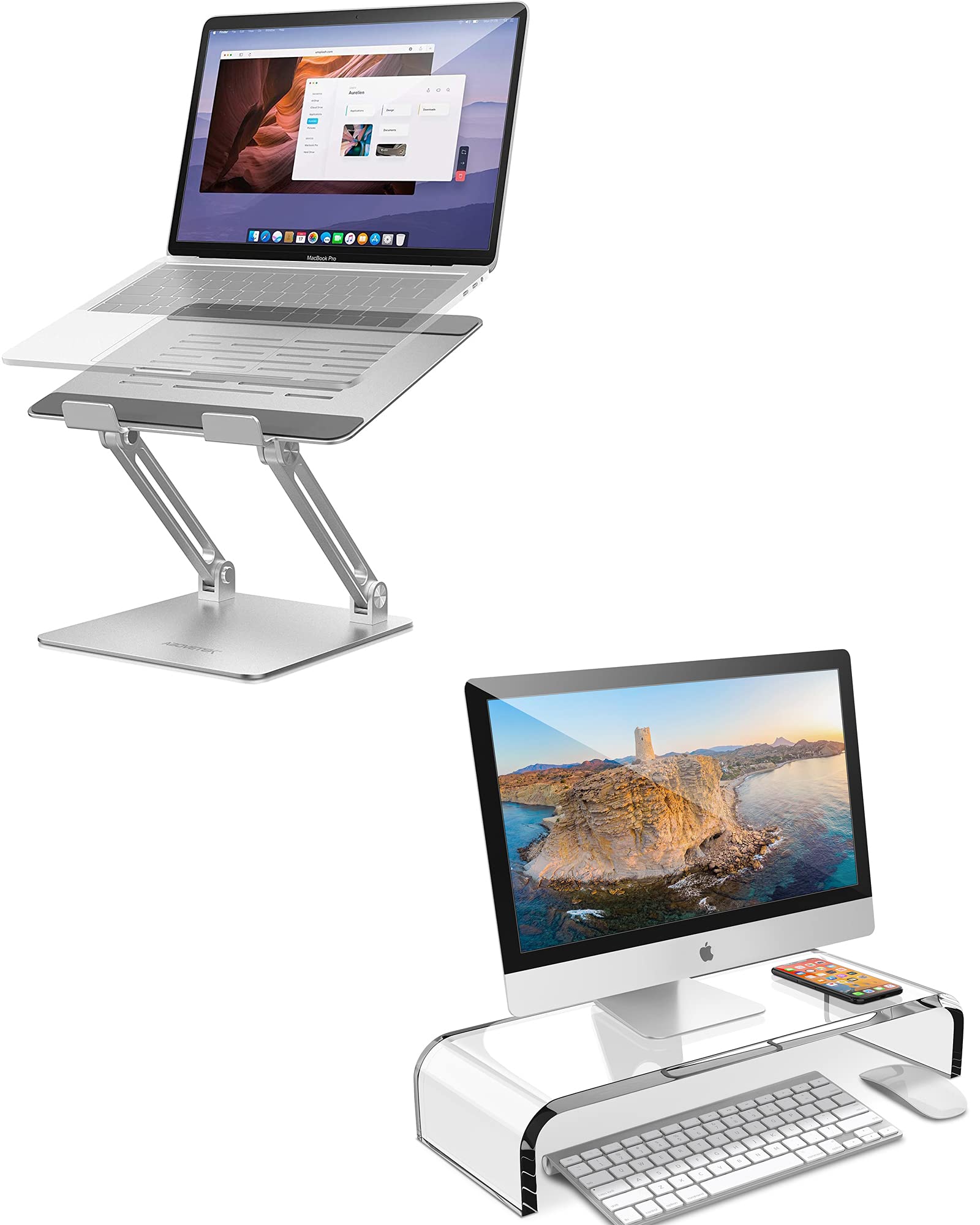 AboveTEK Premium Acrylic Monitor Stand & Adjustable Laptop Riser - Ergonomic Desktop Organizer for MacBook Pro, HP, Dell - Perfect for Home Office & Workspace Setup