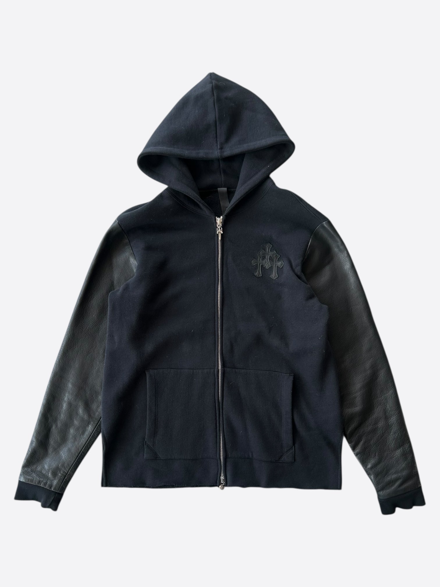 Chrome Hearts Black Leather Triple Cross Patch Hoodie - Stylish Gothic Streetwear for Men & Women | Perfect for Casual Outfits, Parties & Fashion Statements