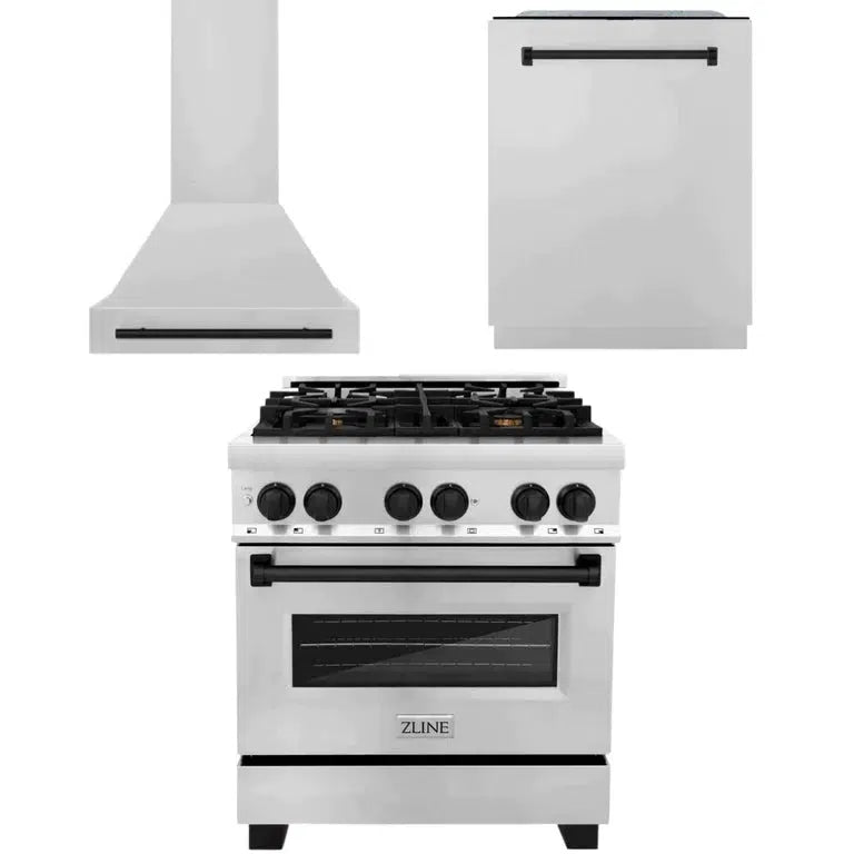 ZLINE Autograph Edition 30-inch Dual Fuel Range with Stainless Steel & Matte Black Accents - Complete Kitchen Package Includes Range Hood & 24-inch Dishwasher - Perfect for Modern Kitchens & Home Renovations