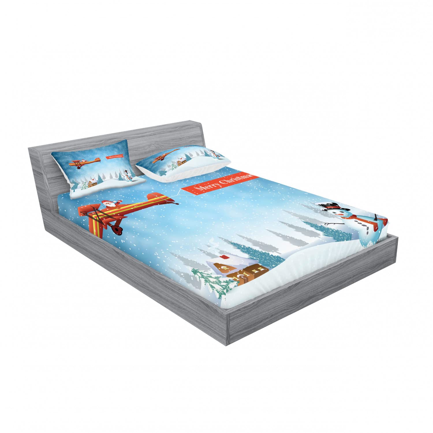Ambesonne Christmas 2-Pack Queen Size Fitted Sheet & Pillow Sham Set - Santa, Plane & Snowman Holiday Bedding (2 Fitted Sheets + 4 Pillow Covers) - Blue & Orange Festive Decor for Bedroom, Guest Room & Holiday Parties