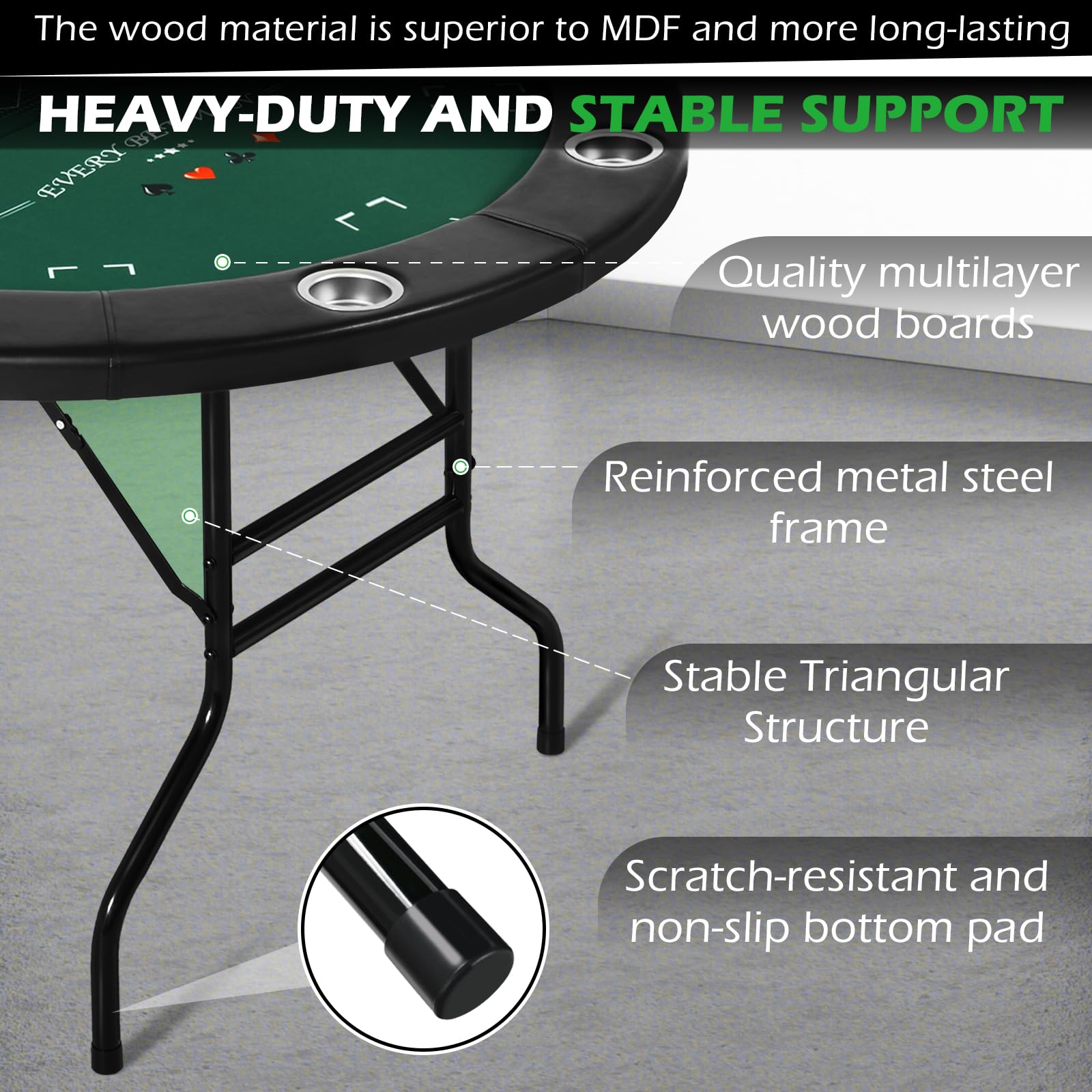 Premium 8-Player Round Poker Table Foldable - Casino Style Card Game Table with Stainless Steel Cup Holders & Padded Rails - Folding Texas Holdem Blackjack Table for Home Game Nights & Casino Parties (Black) - Perfect for Poker Nights, Casino Themed Events & Family Game Gatherings