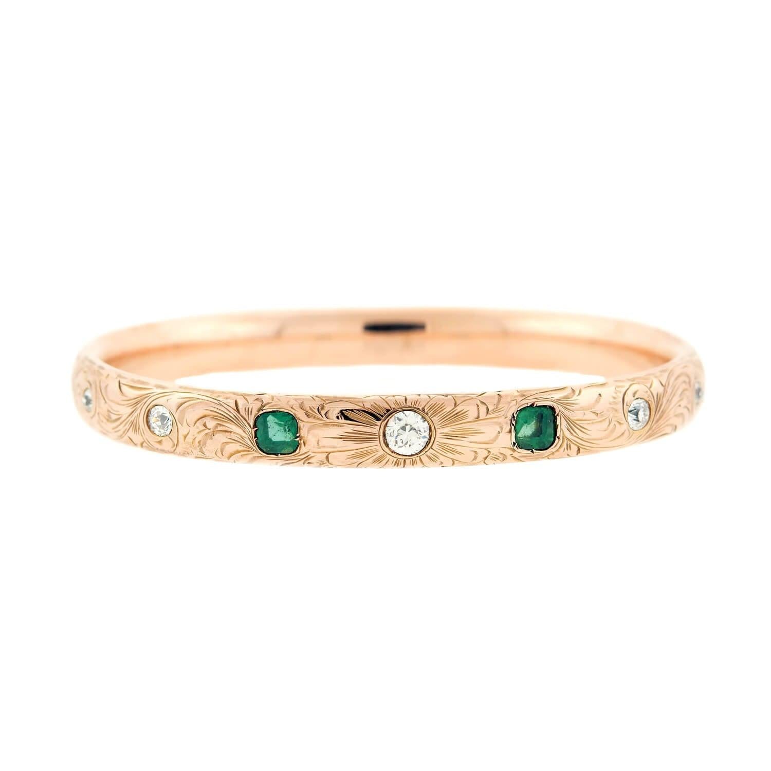 Antique Late Victorian 14K Gold Diamond & Emerald Engraved Bangle Bracelet - Perfect for Vintage Jewelry Collectors & Special Occasions