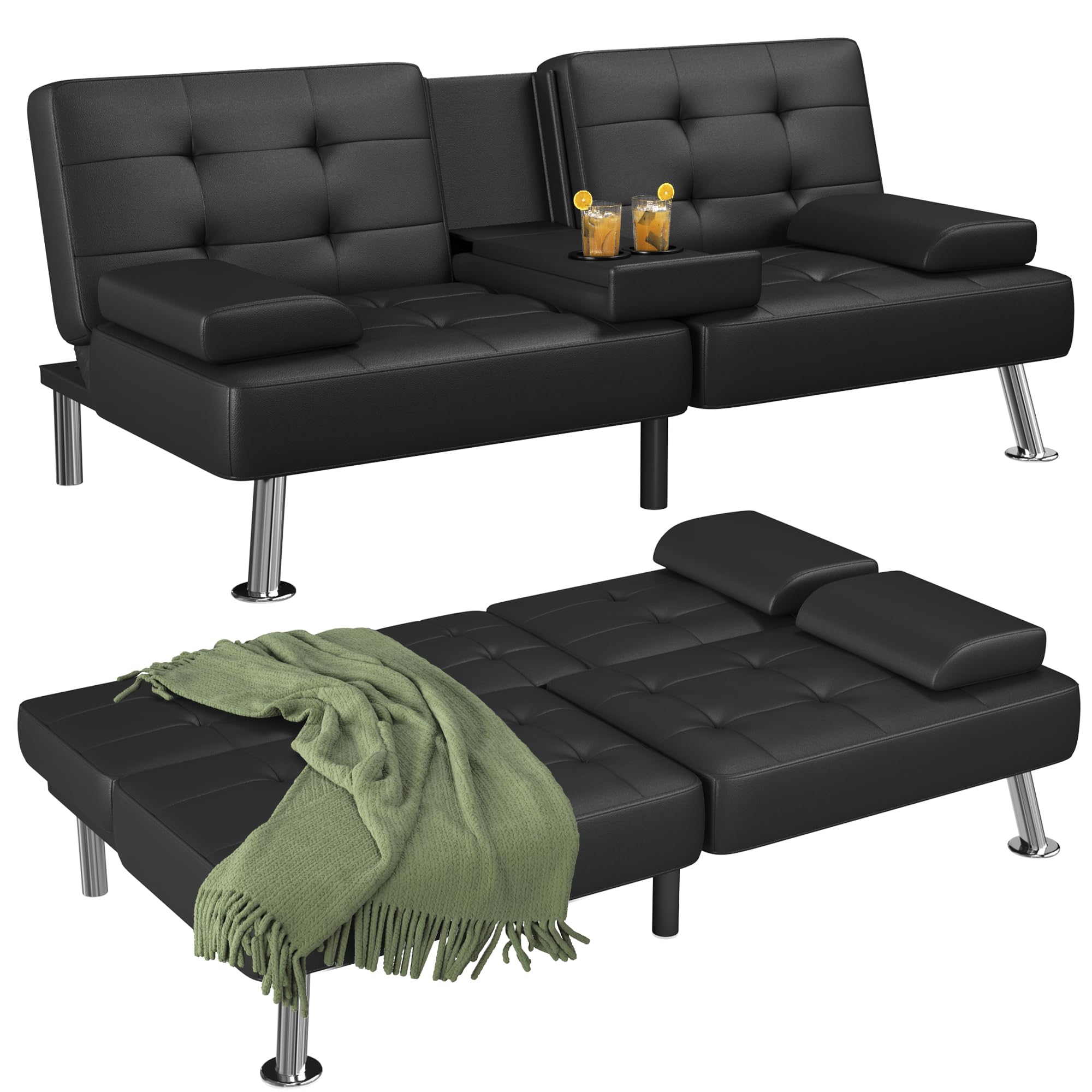 Modern Convertible Futon Sofa Bed with 2 Cup Holders & Removable Armrests - PU Leather Folding Lounge Recliner for Living Room, Guest Room & Small Spaces (Black)