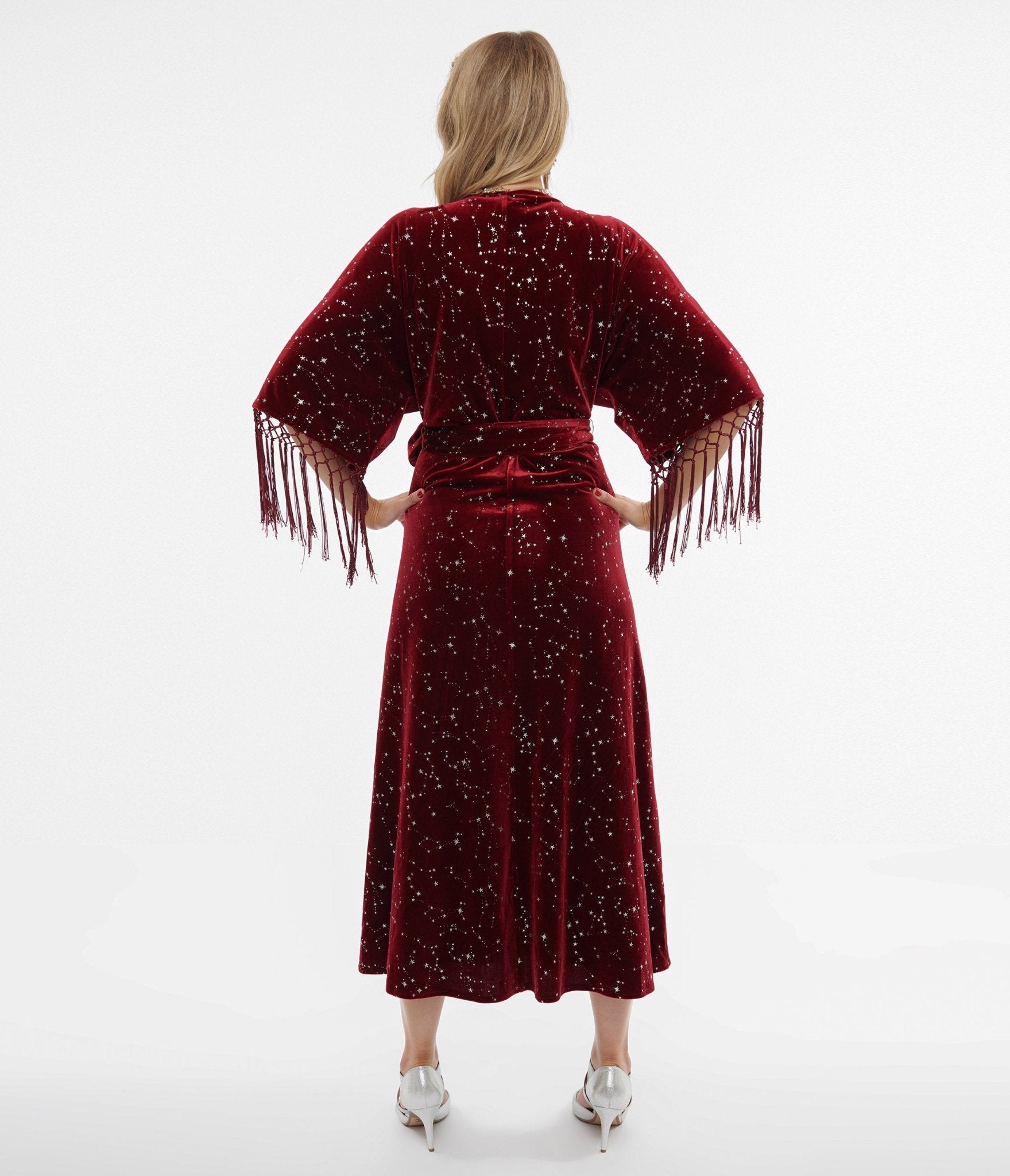 Vintage 1970s Burgundy Velvet Wrap Dress with Silver Stars - Retro Midi Dress for Women, Perfect for Holiday Parties & Special Occasions