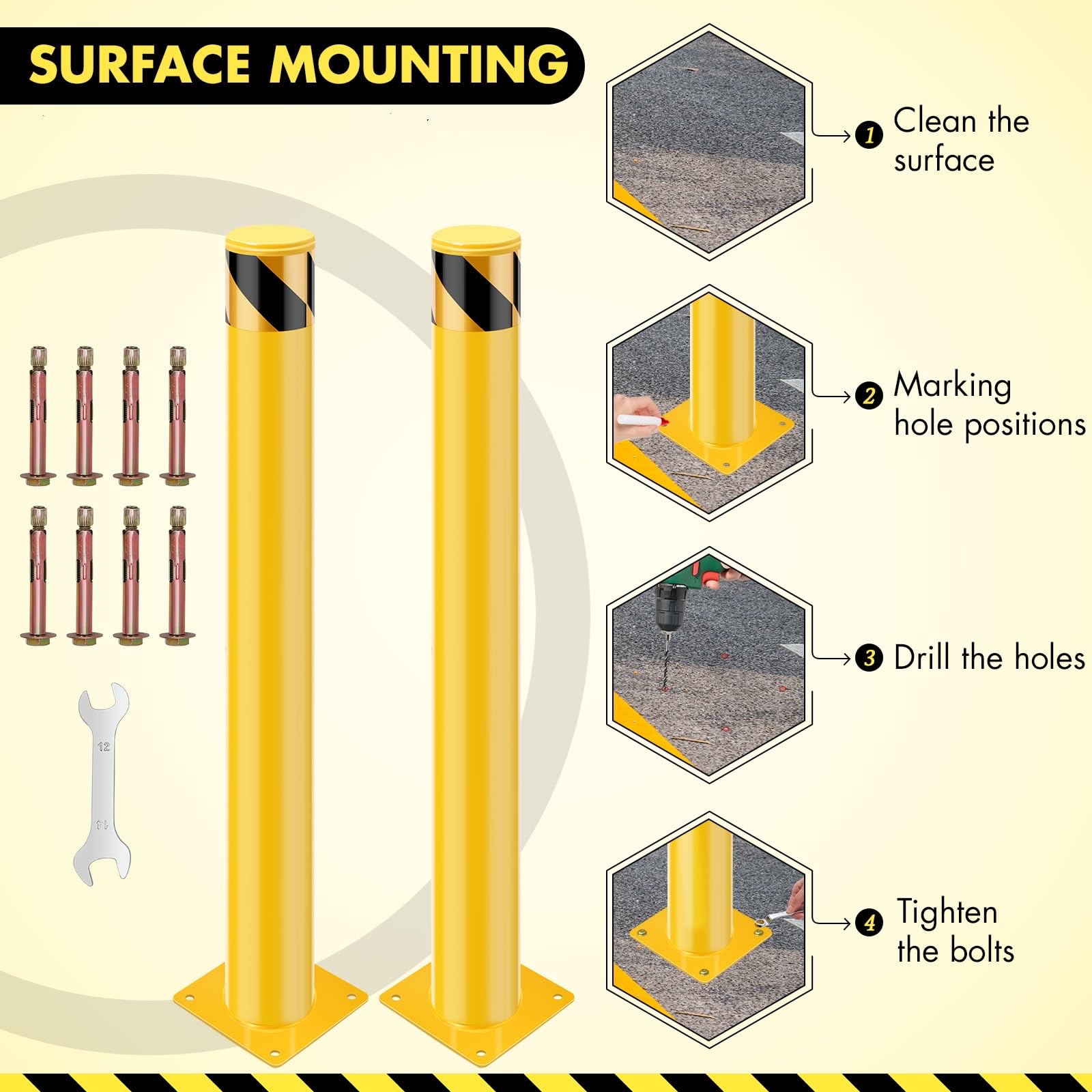 42 x 4.5 Inch Heavy Duty Removable Steel Safety Bollard Posts - Yellow Parking Barriers (6 Pack) for Driveway, Warehouse & Traffic Control