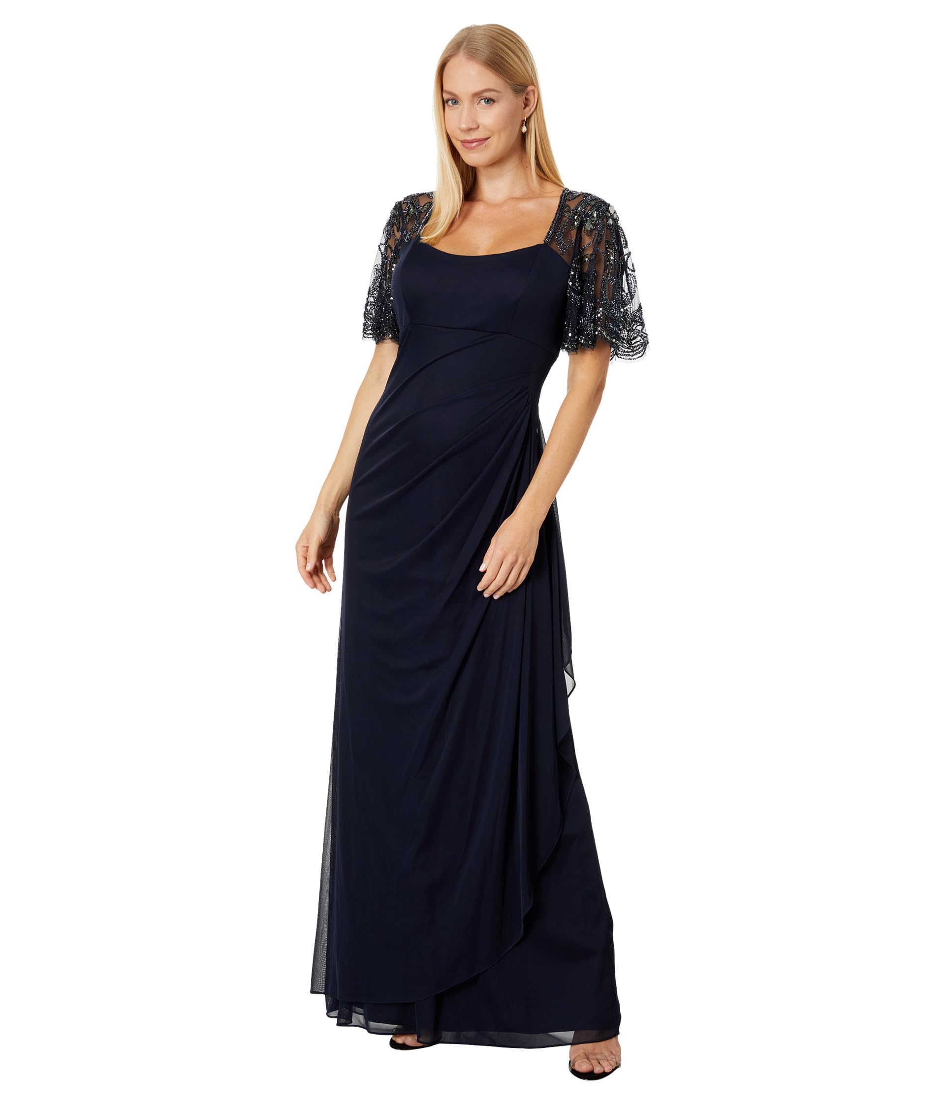 Xscape Long Sheer Matte Jersey Ruched 3/4 Bead Sleeve Navy Blue Dress Size 14 - Elegant Evening Gown for Cocktail Parties, Weddings & Formal Events