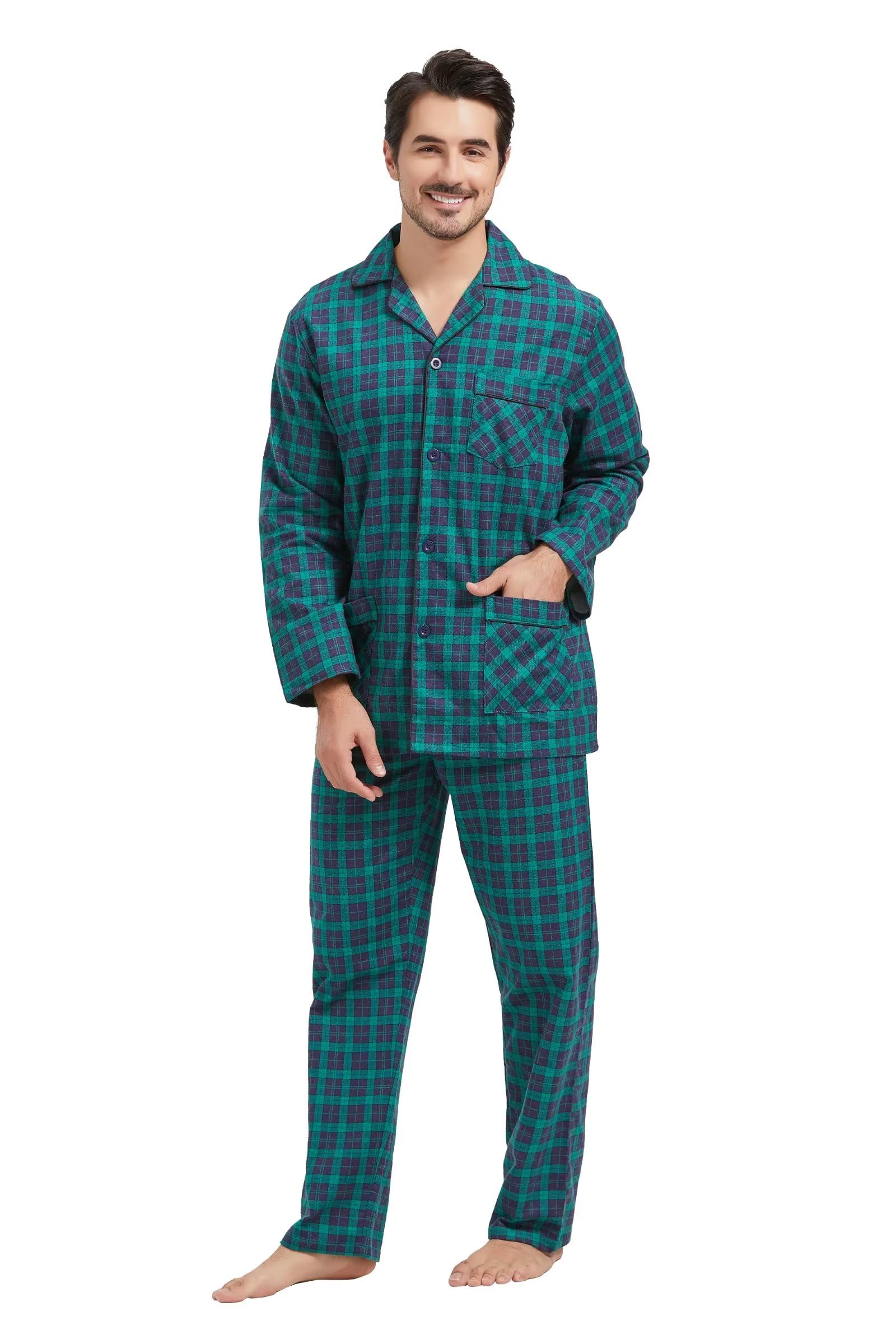 **Men's Flannel Pajama Set - 100% Cotton Soft Sleepwear with Pockets & Drawstring - Cozy Lounge Pajamas for Home, Winter Nights & Relaxation**