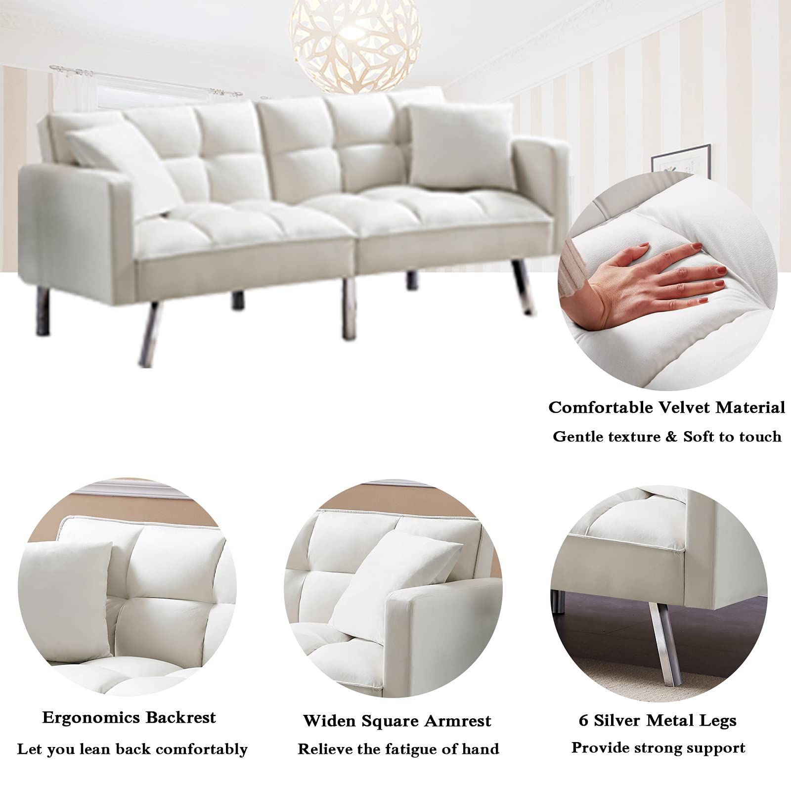 Velvet Convertible Futon Sofa Bed with 2 Pillows - 3-Position Adjustable Backrest, Modern Loveseat with 6 Sturdy Metal Legs for Living Room, Bedroom or Small Space (White) - Perfect for Guest Sleeping, Apartment Lounging & Studio Living