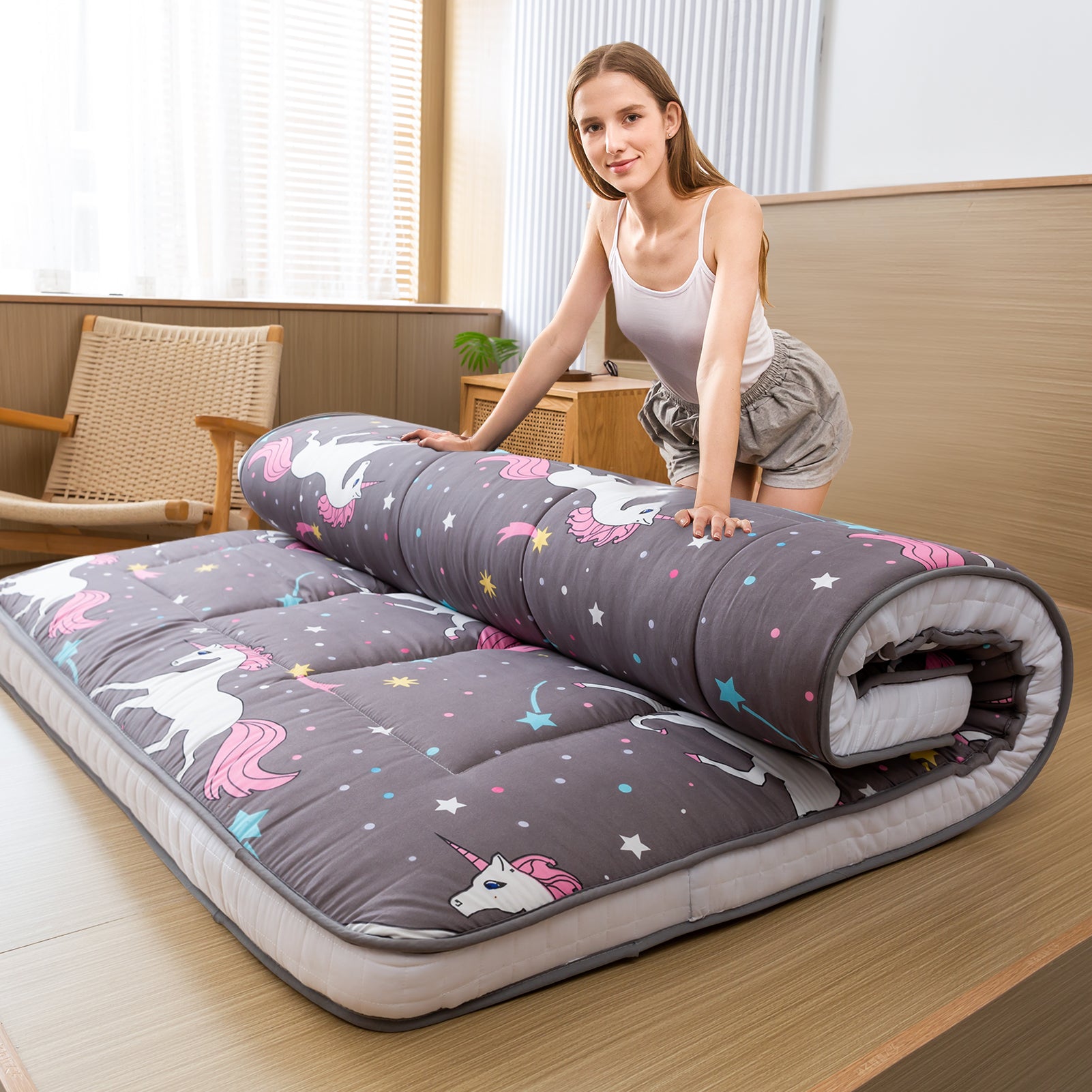 MAXYOYO Unicorn Pattern Padded Japanese Floor Mattress - Extra Thick Foldable Sleeping Pad for Camping, Travel & Home Use - Perfect for Guest Beds, Couch Lounging & Outdoor Adventures
