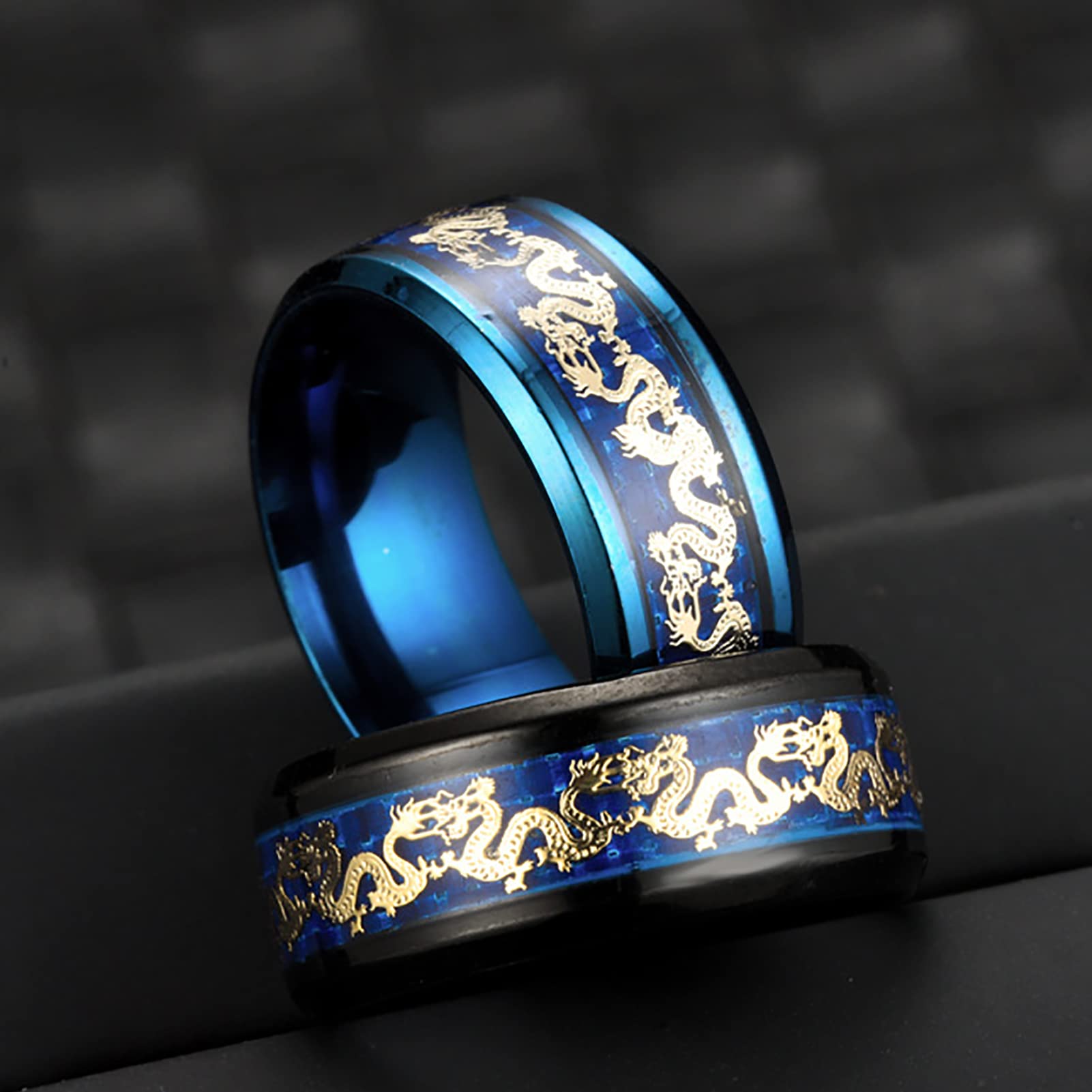 Chinese Dragon Titanium Steel Ring - Gold Inlaid Celtic Dragon Ring for Men - Blue & Black Viking Jewelry for Gifts, Weddings & Cosplay