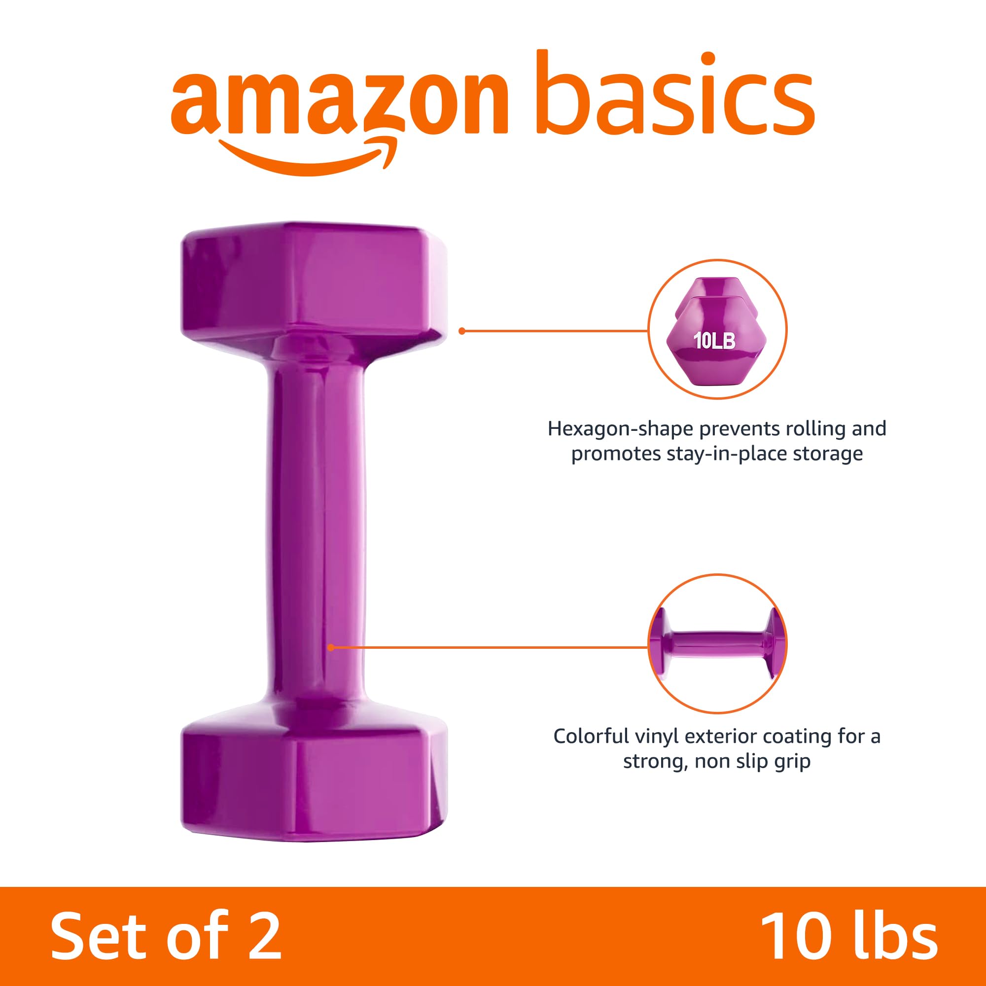 Amazon Basics Vinyl Coated Dumbbell Hand Weights - 5-50 lbs Set for Home Gym, Strength Training & Fitness Workouts | Non-Slip Grip, Durable Design for Men & Women