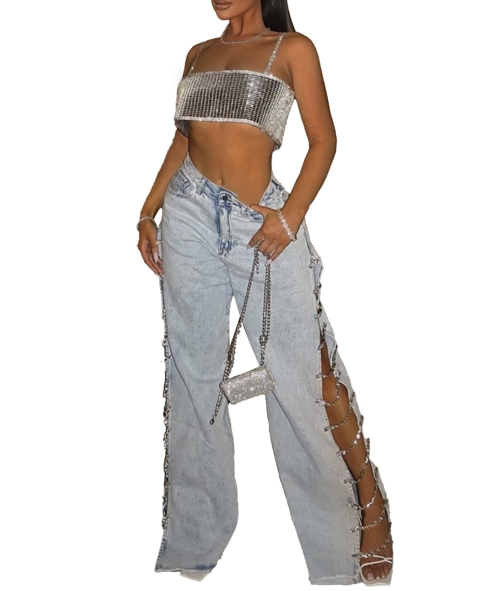 Sexyshine Women's High Waist Rhinestone Embellished Lace-Up Jeans - Stretchy Denim Pants with Hollow Out Bandage & Fringe Hem for Night Out, Party & Casual Wear