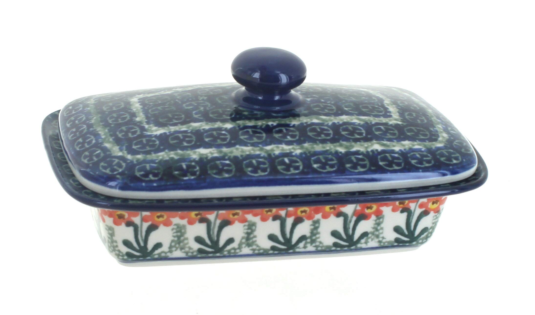 Handmade Blue Rose Polish Pottery Peach Posy Butter Dish - Vintage Floral Ceramic Butter Keeper for Kitchen, Dining Table & Gift Giving
