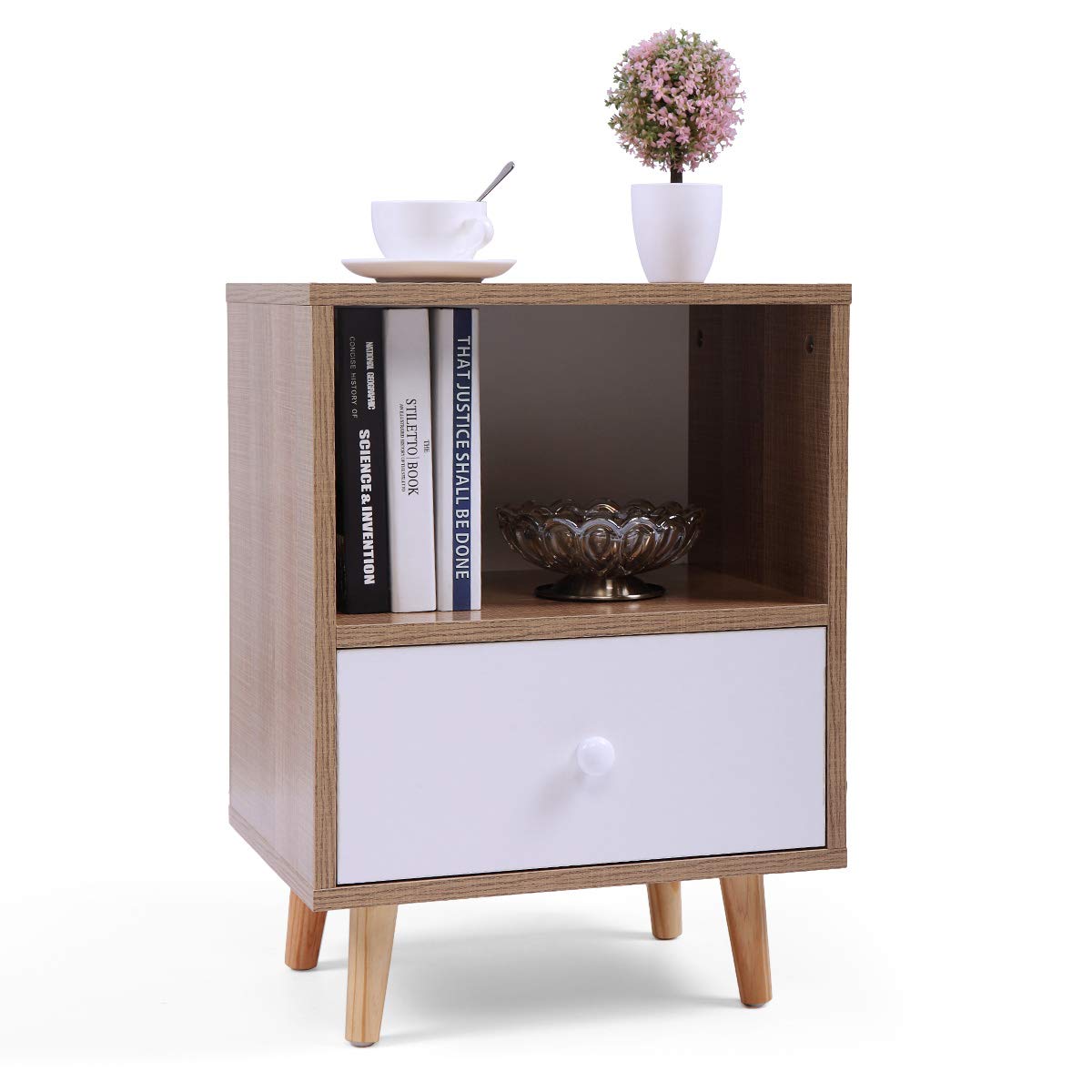 2-Tier Mid Century Modern End Table - Wooden Nightstand Side Table with Storage Drawer & Solid Wood Legs - Natural Wood Color - Perfect for Bedroom, Living Room & Office Spaces